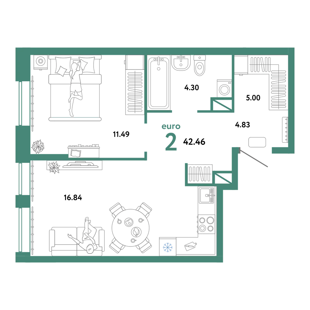 Планировка: Евродвушка 42,46 м²
