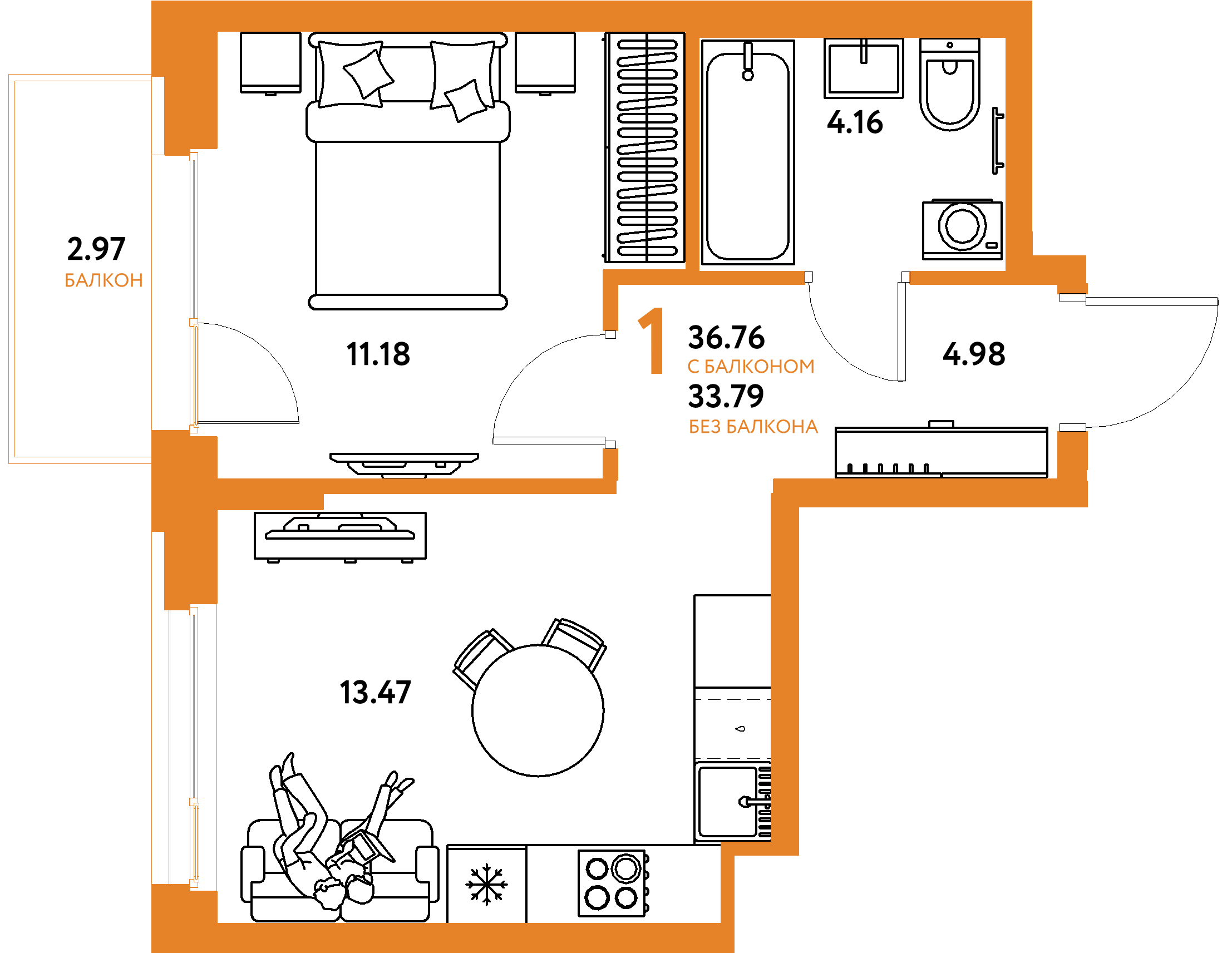 Планировка: 1-комнатная 36,76 м² в ЖК «Европейский берег 2.0»