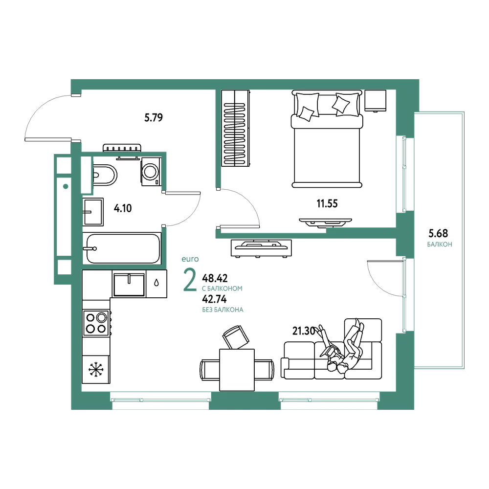 Планировка: Евродвушка 48,42 м²