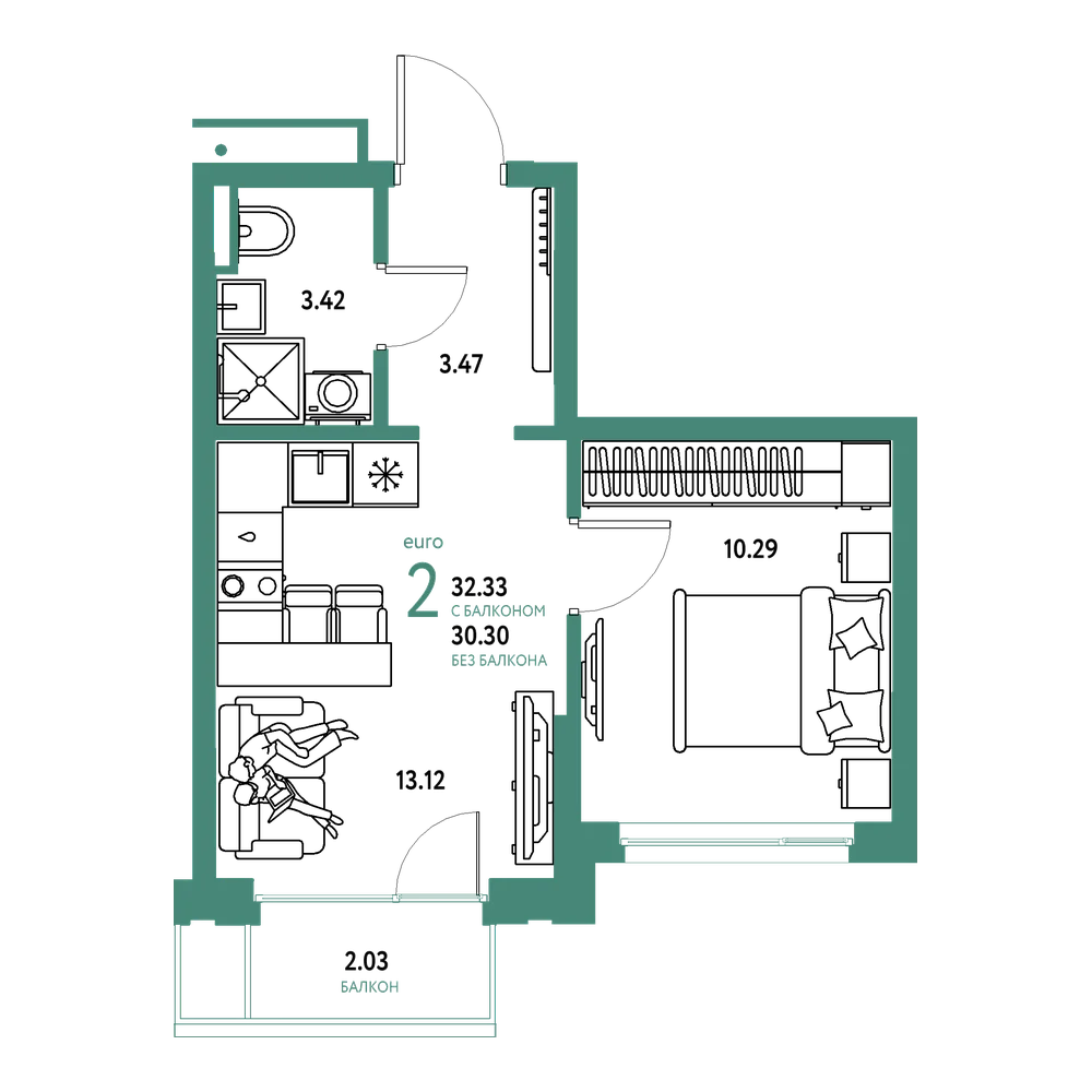 Планировка: Евродвушка 32,33 м²