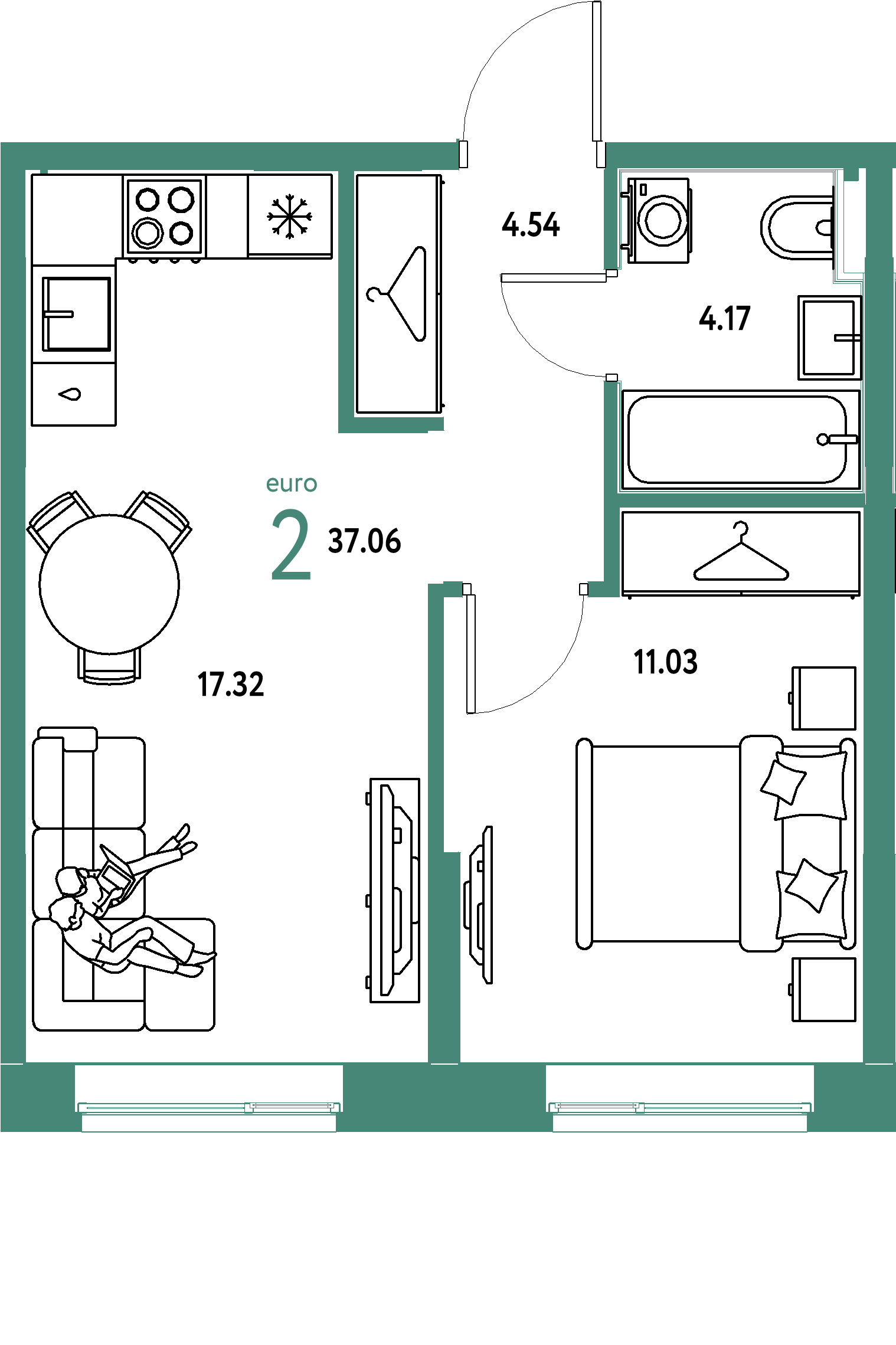 Планировка: Евродвушка 37,06 м² в ЖК «Европейский берег 2.0»