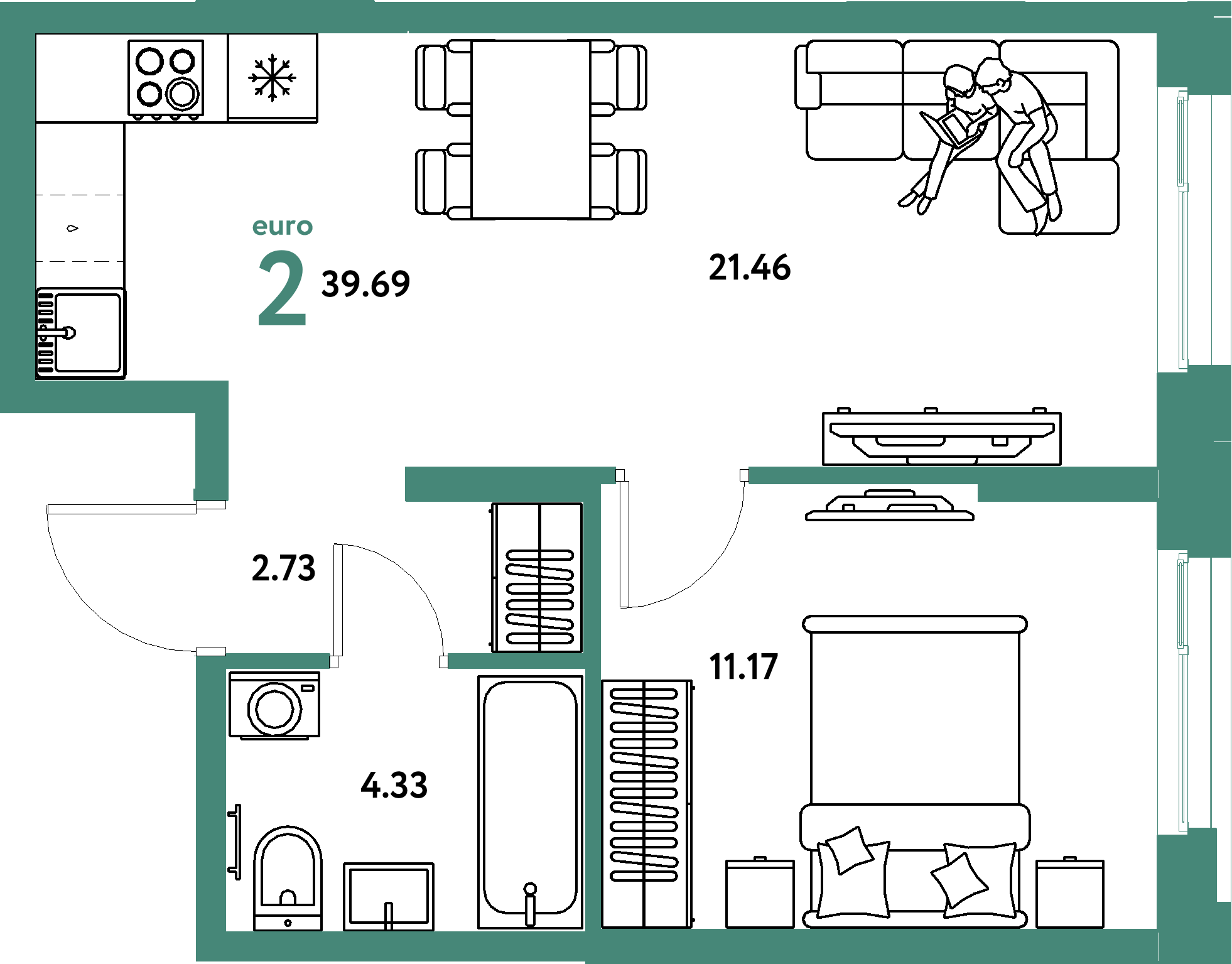 Планировка: Евродвушка 39,69 м² в ЖК «Европейский берег 2.0»