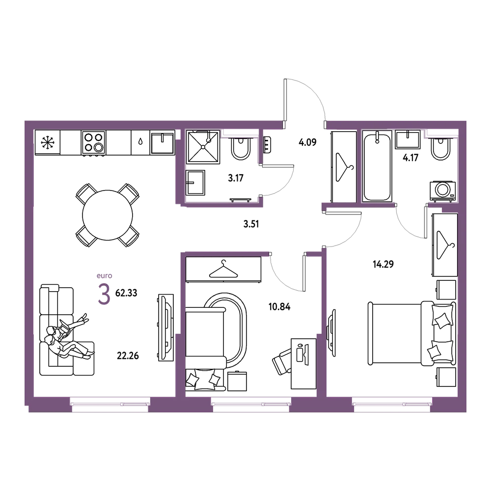 Планировка: Евротрёшка 62,33 м²