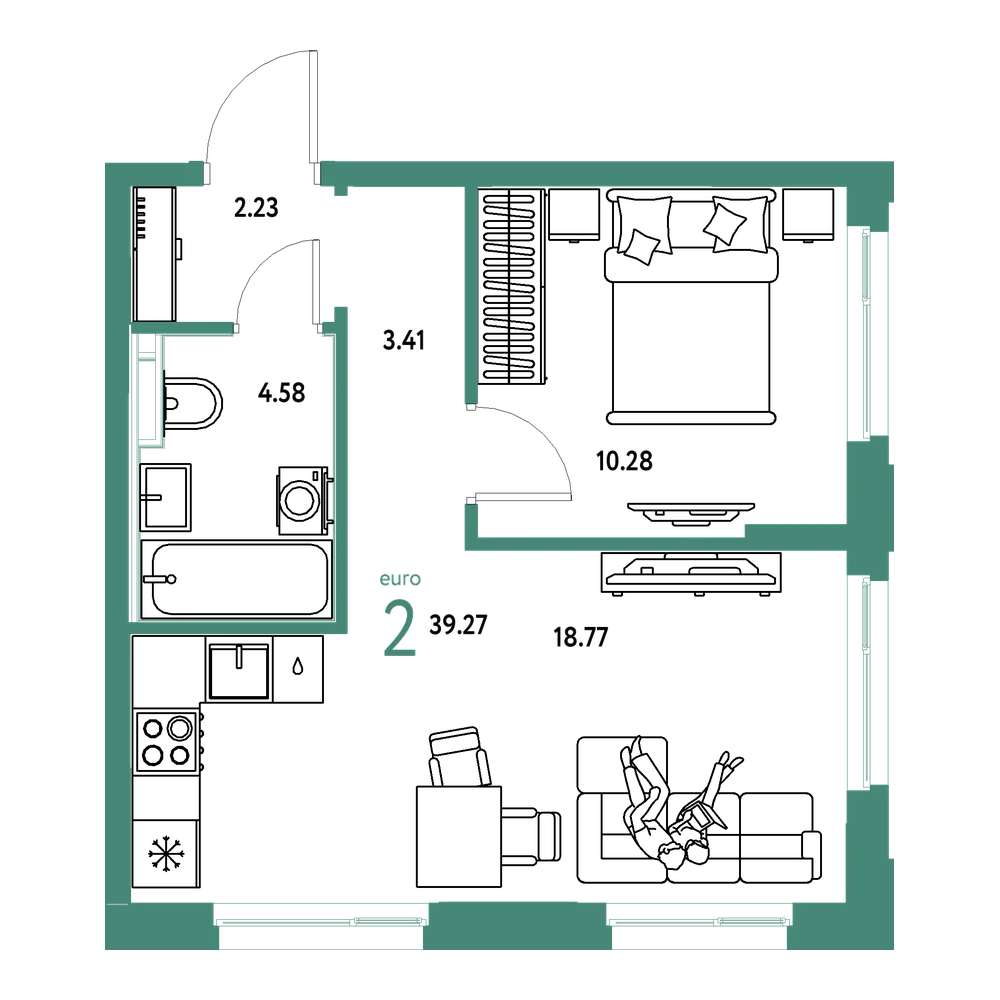 Планировка: Евродвушка 39,27 м²