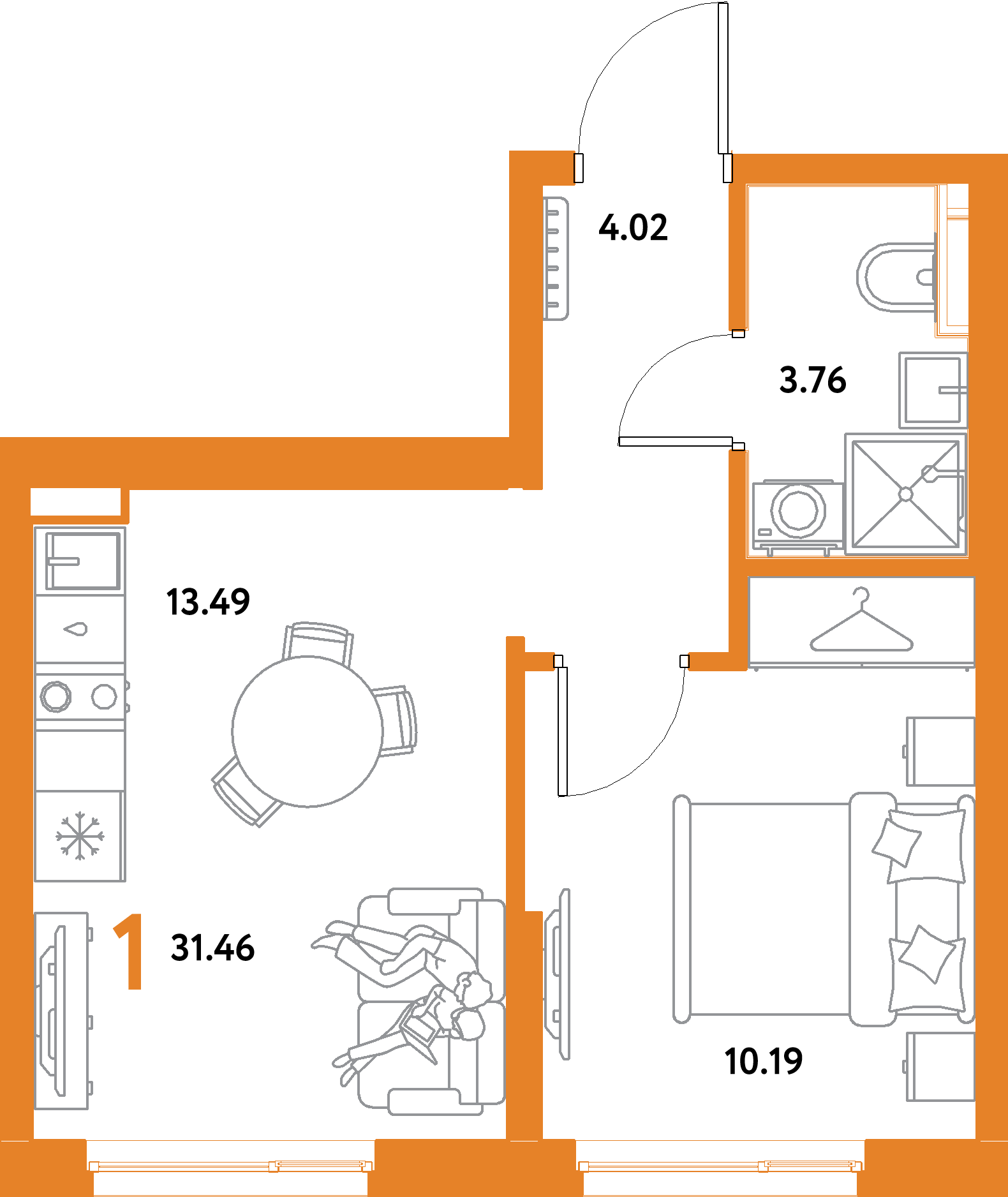 Планировка: 1-комнатная 31,46 м² в ЖК «Остров-сад»