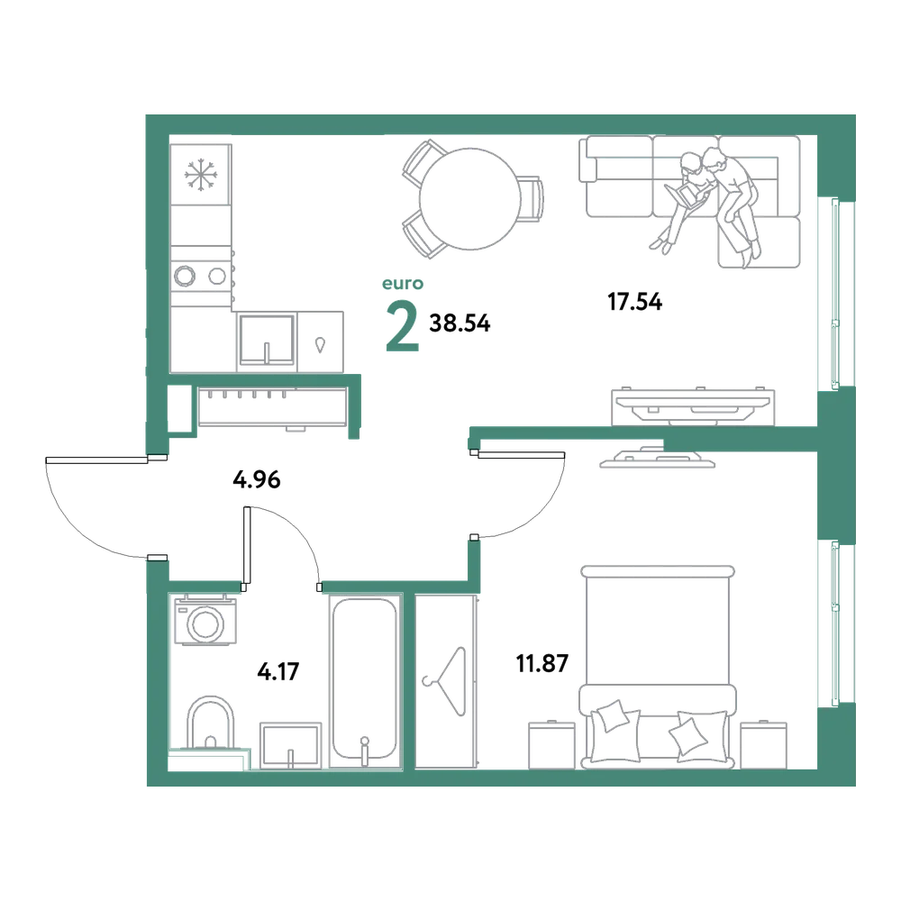 Планировка: Евродвушка 38,54 м²