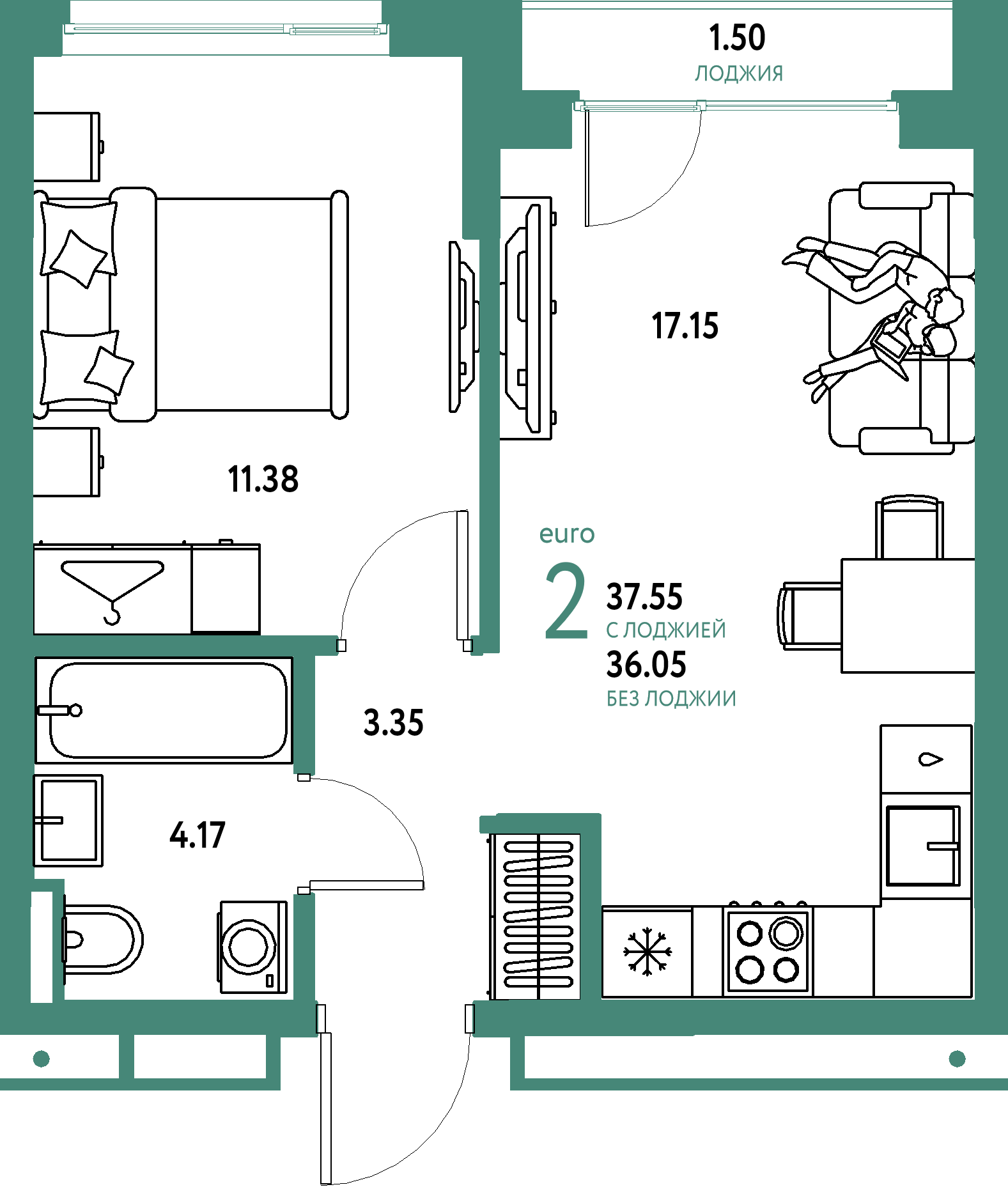 Планировка: Евродвушка 37,55 м² в ЖК «Страна.Прибрежная»
