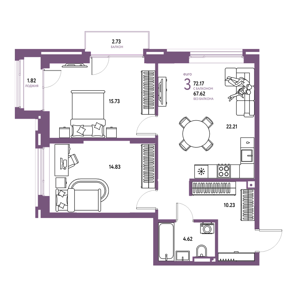 Планировка: Евротрёшка 72,17 м²