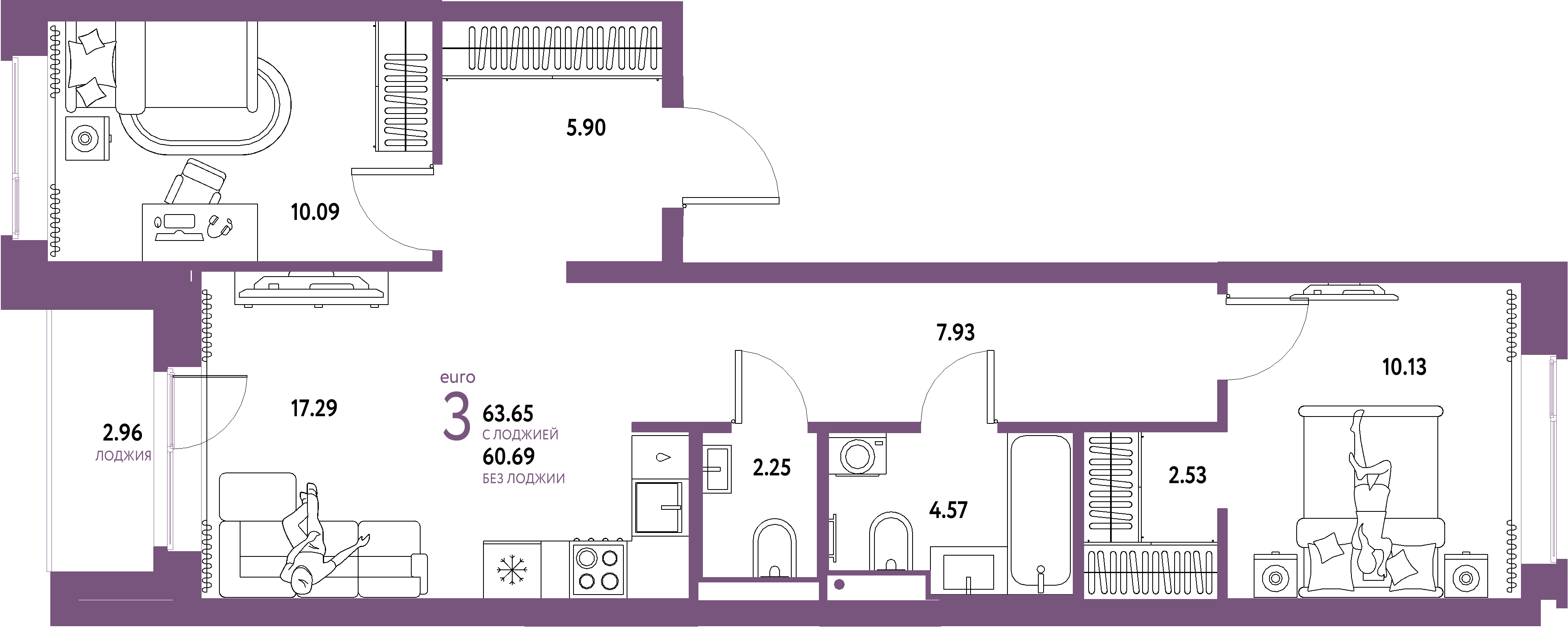 Планировка: Евротрёшка 63,65 м² в ЖК «Домашний»