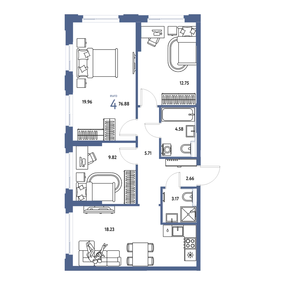 Планировка: Евро-4 76,88 м²