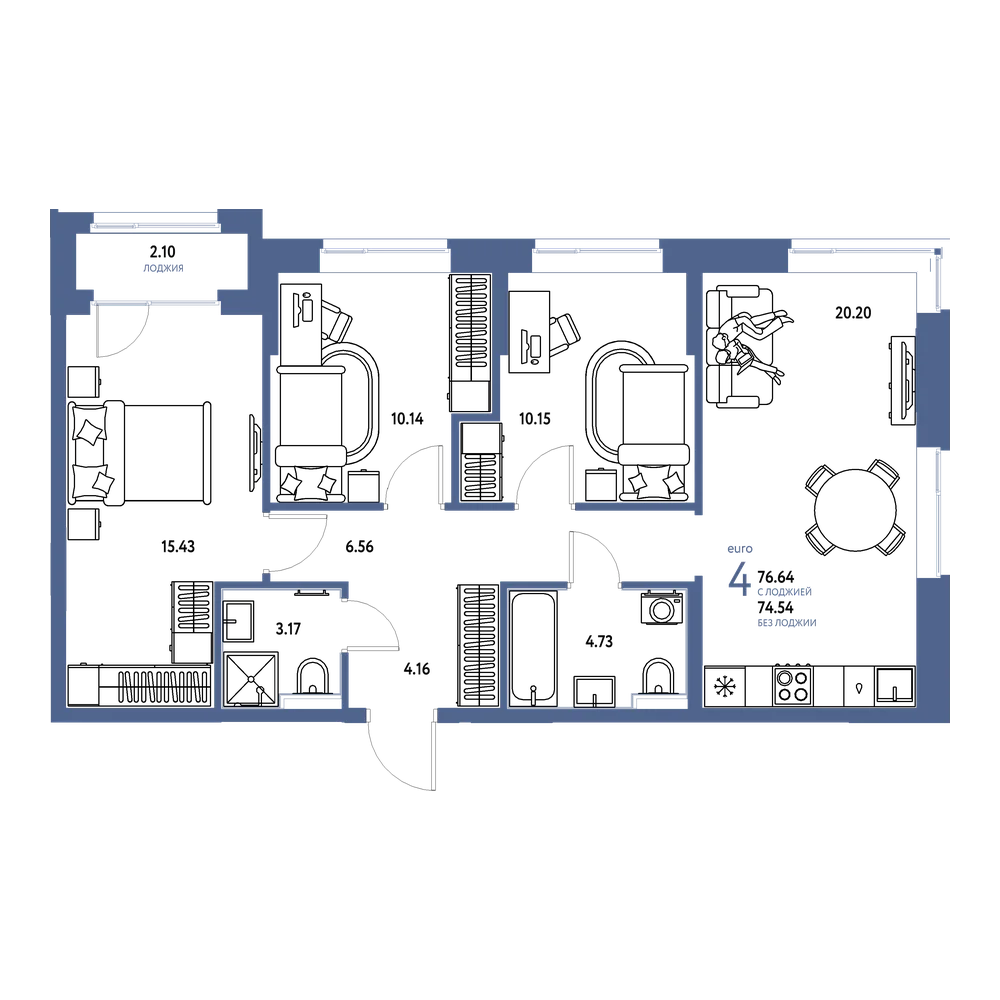 Планировка: Евро-4 77,09 м²