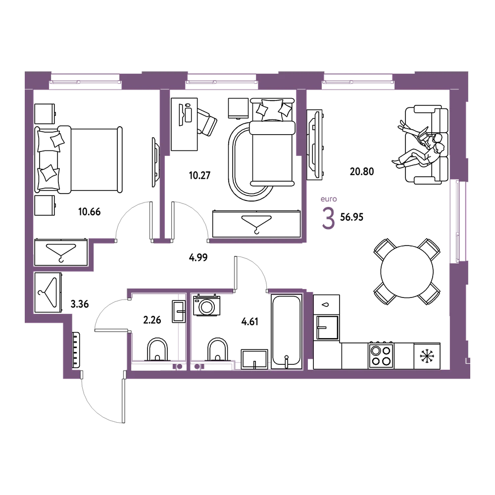 Планировка: Евротрёшка 56,95 м²