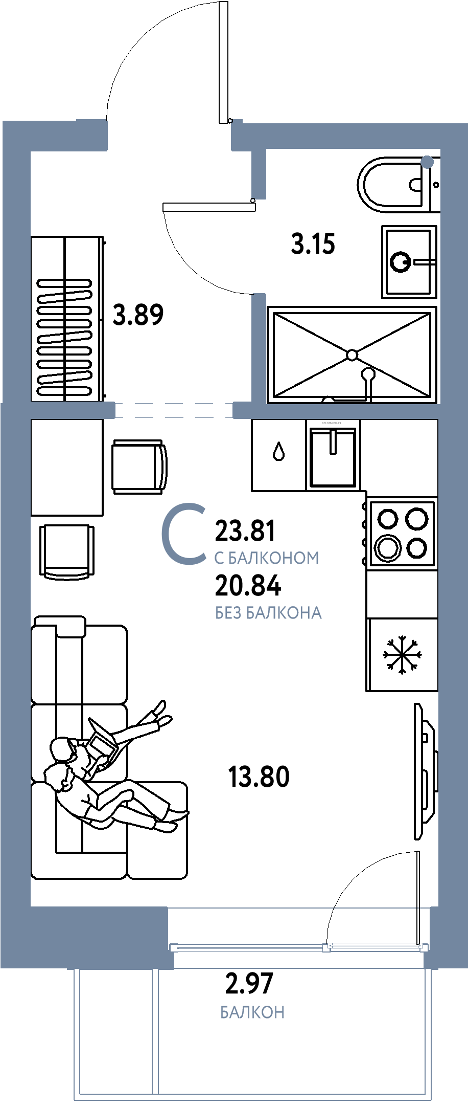 Планировка: Студия 23,81 м² в ЖК «Домашний»