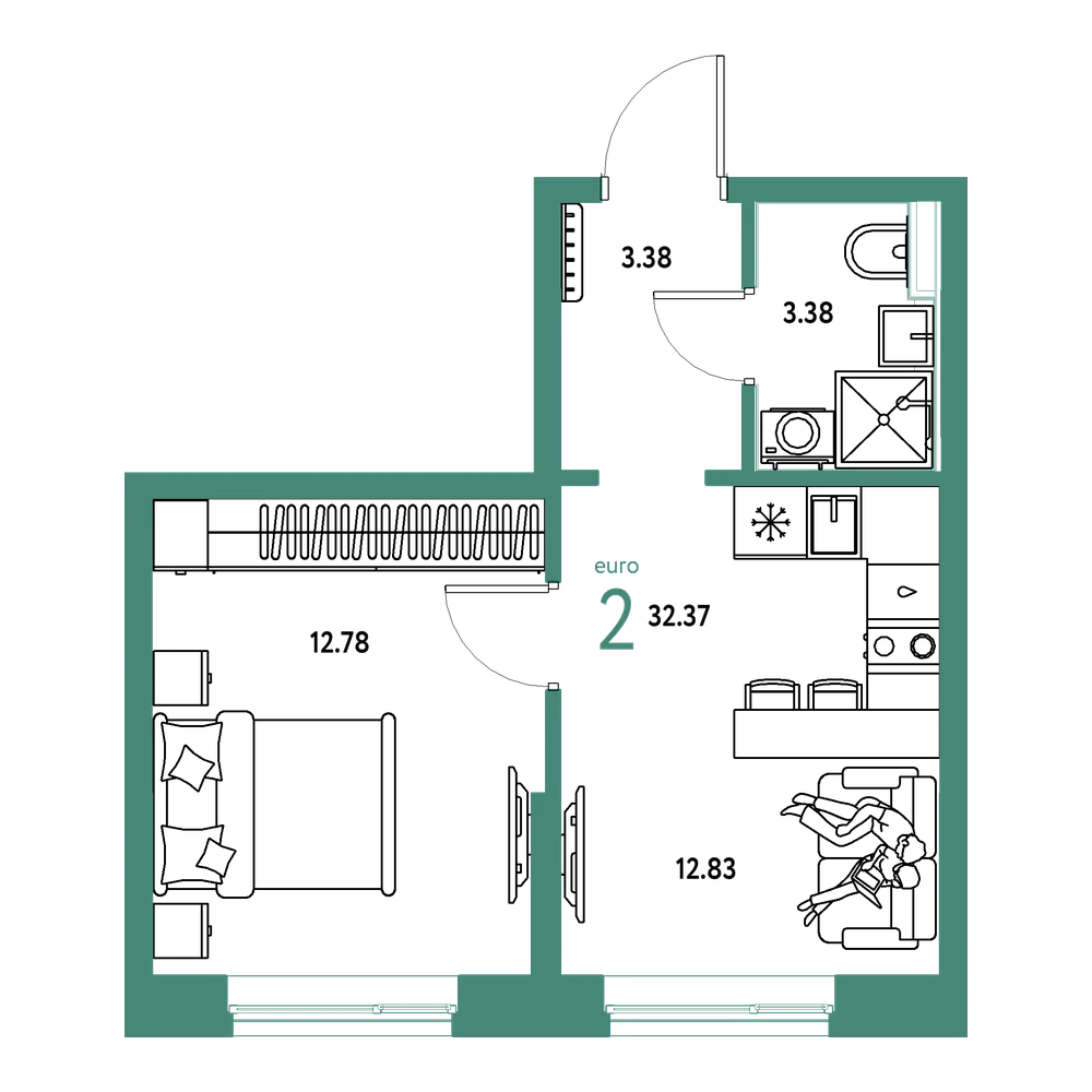 Планировка: Евродвушка 32,37 м²
