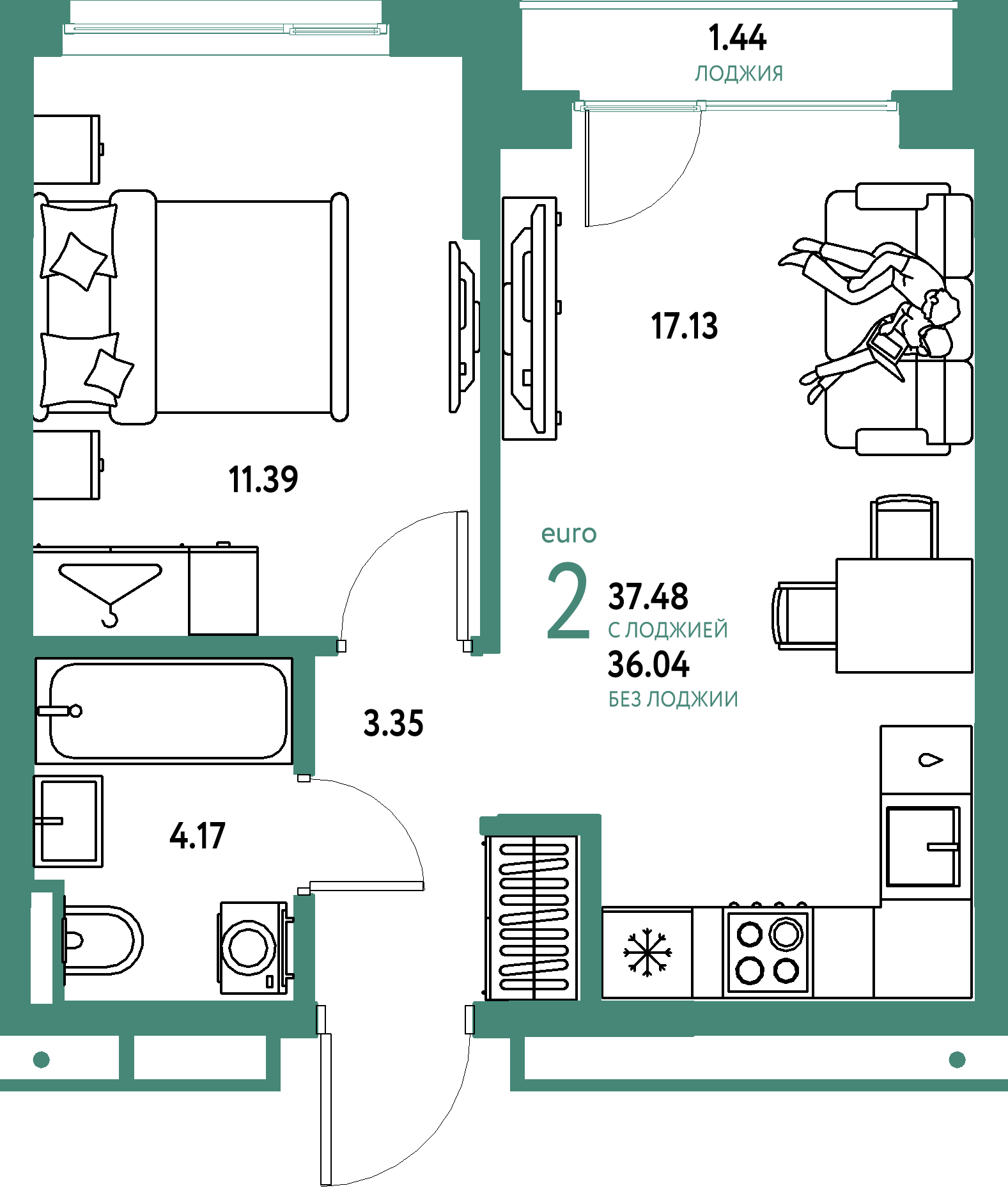 Планировка: Евродвушка 37,48 м² в ЖК «Страна.Прибрежная»