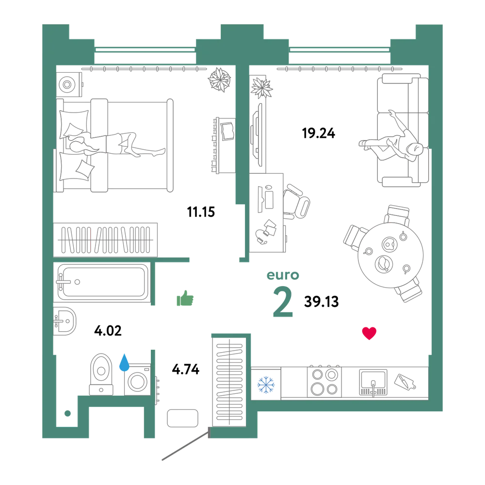 Планировка: Евродвушка 39,52 м²