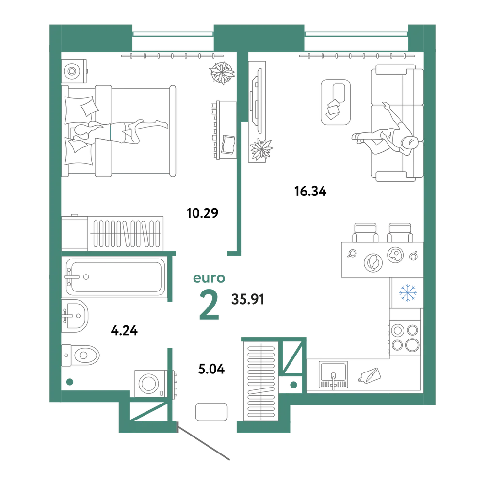 Планировка: Евродвушка 35,91 м²