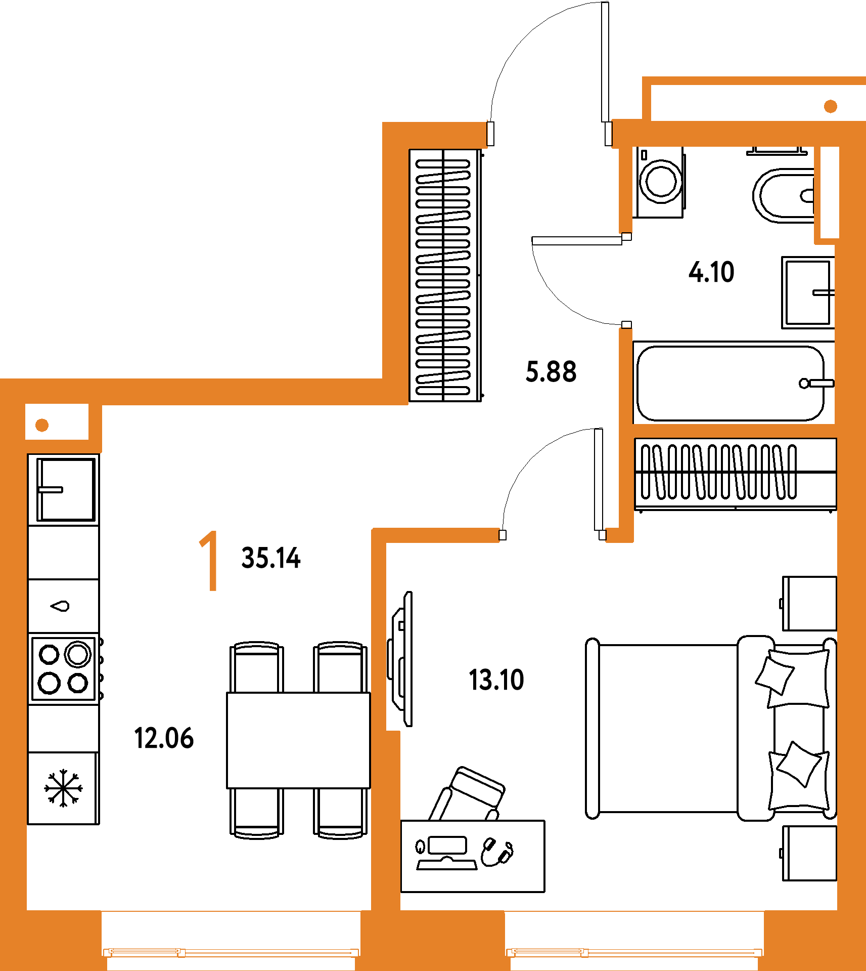 Планировка: 1-комнатная 35,14 м² в ЖК «Авторский»