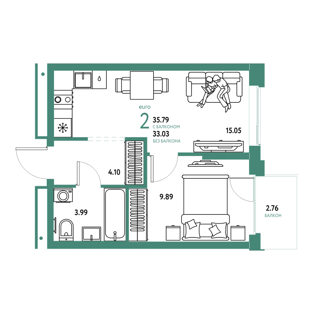Планировка: Евродвушка 35,79 м²