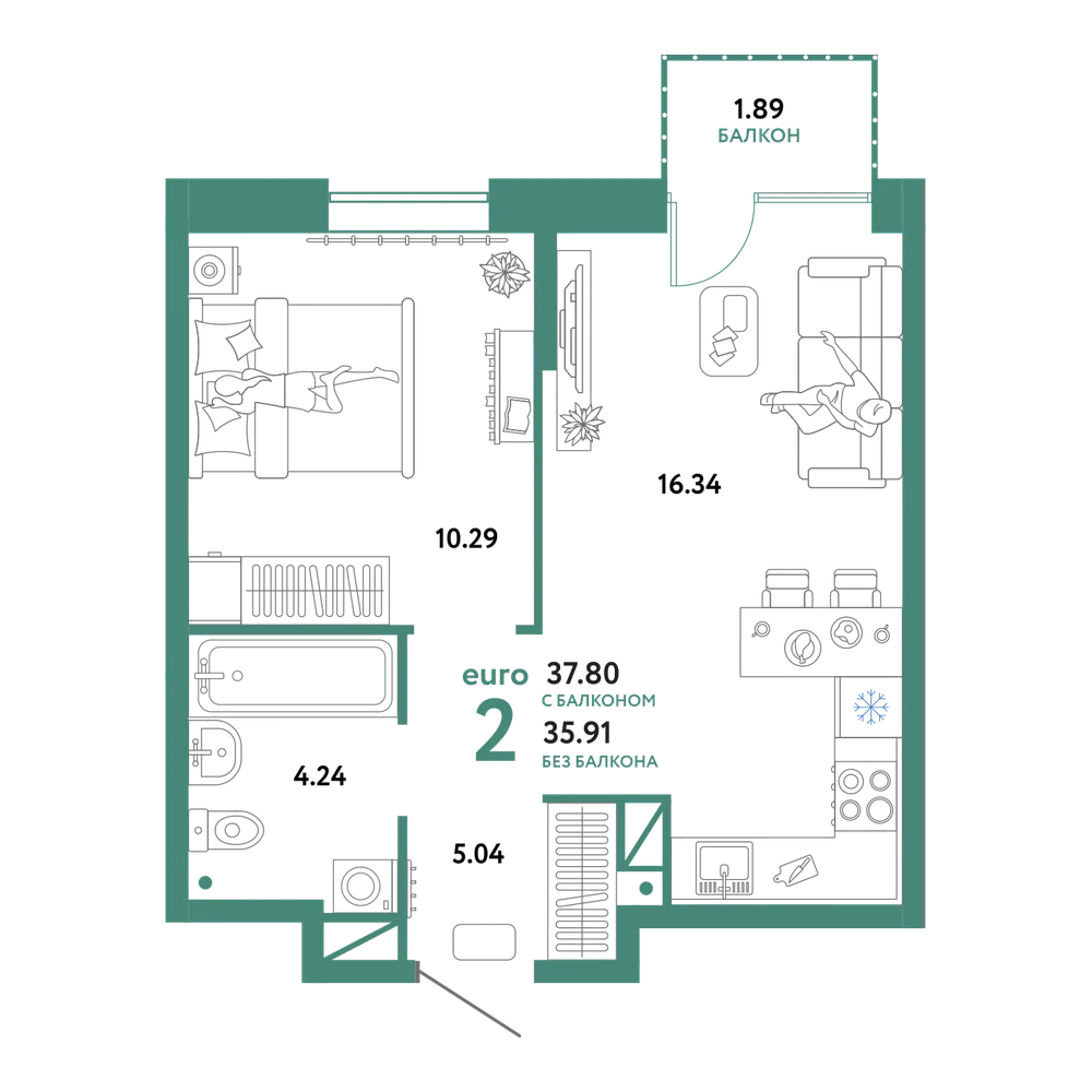 Планировка: Евродвушка 37,8 м²
