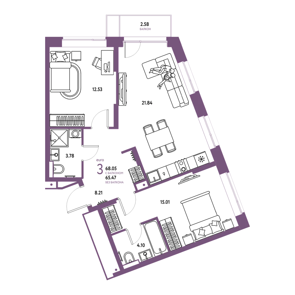 Планировка: Евротрёшка 68,05 м²