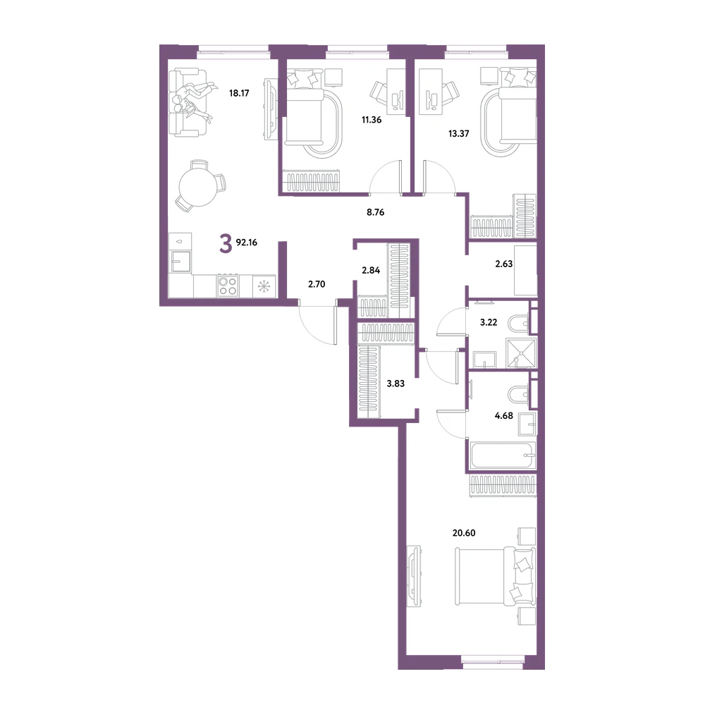 Планировка: 3-комнатная 92,16 м²