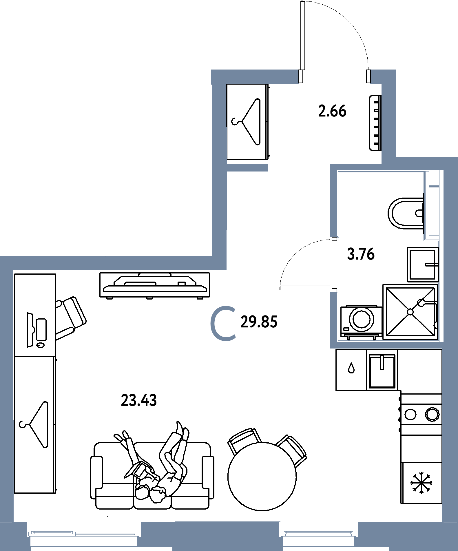 Планировка: Студия 29,85 м² в ЖК «Европейский берег 2.0»