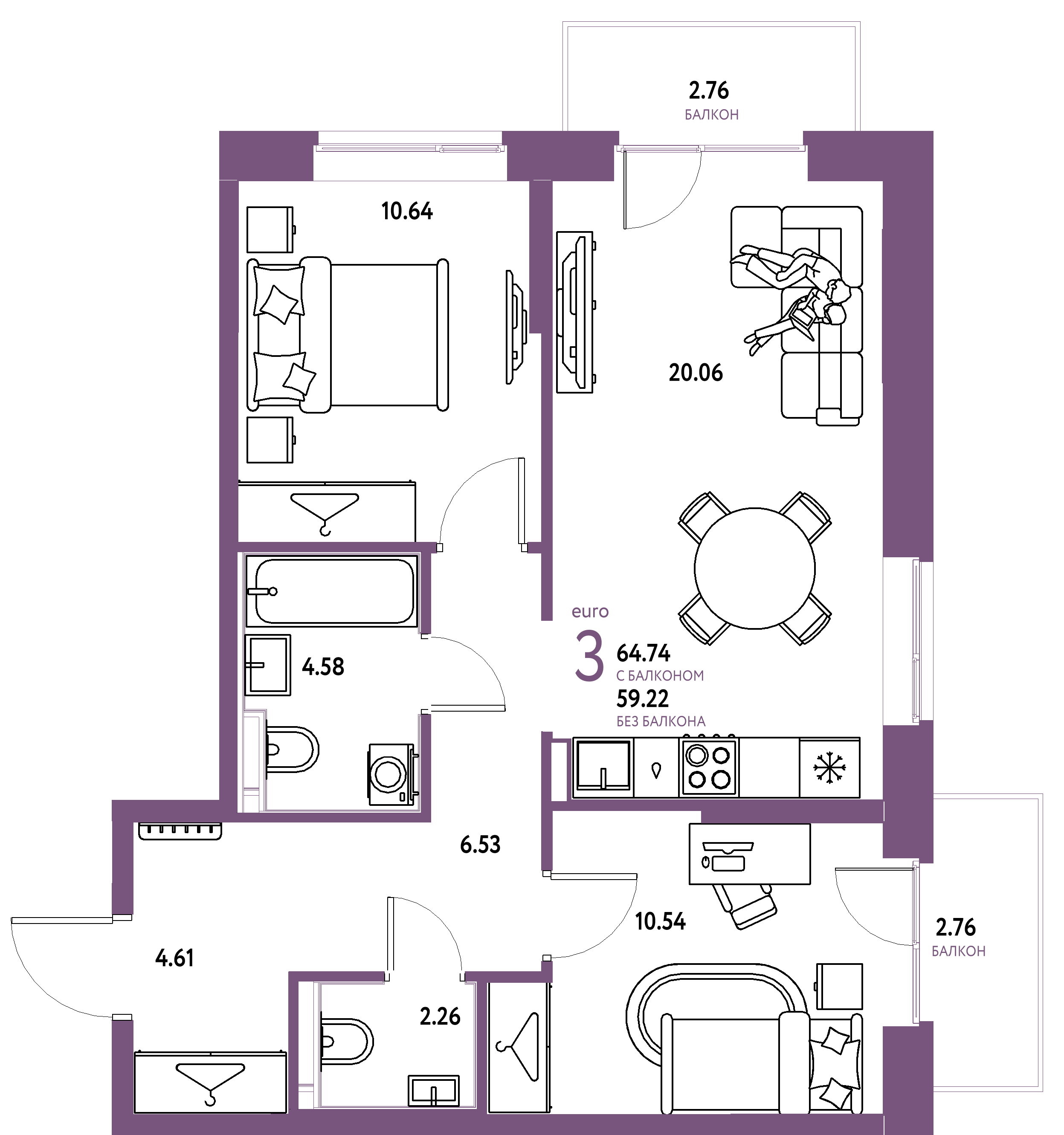 Планировка: Евротрёшка 64,74 м² в ЖК «Европейский берег 2.0»
