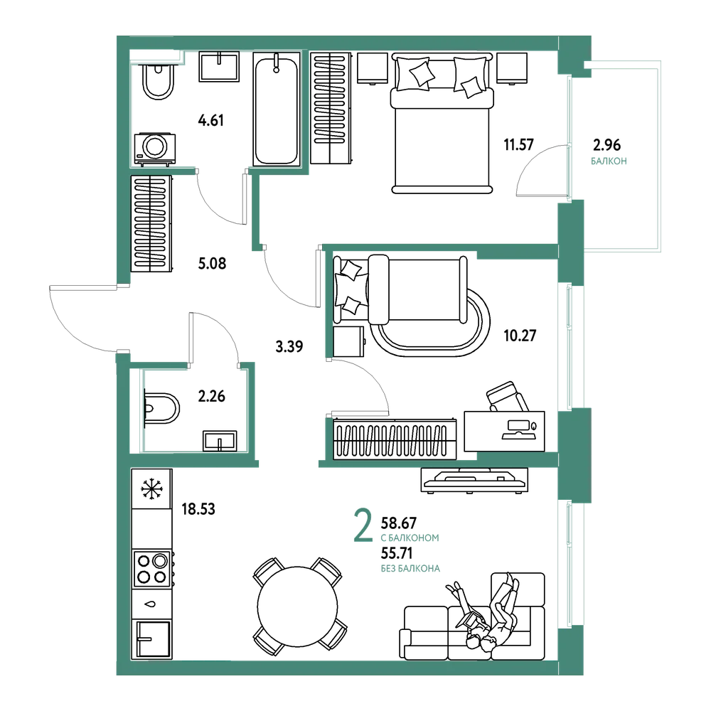 Планировка: 2-комнатная 58,39 м²