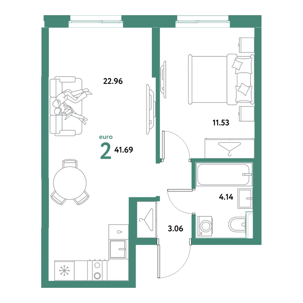 Планировка: Евродвушка 41,69 м²