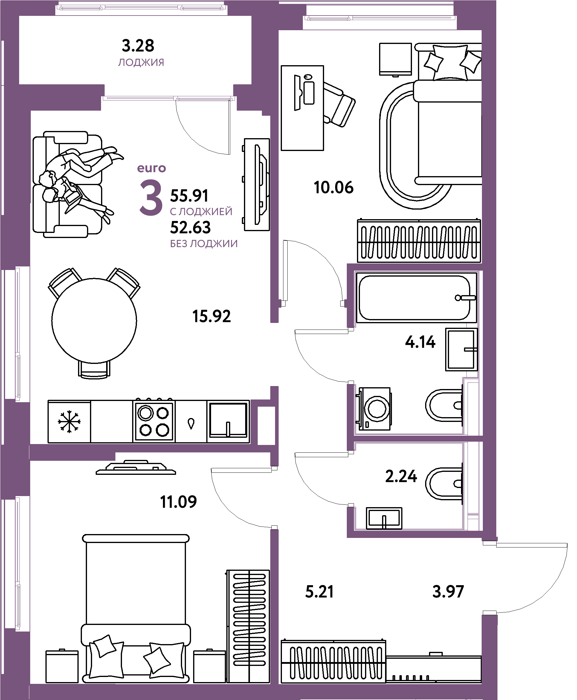 Планировка: Евротрёшка 55,91 м² в ЖК «Домашний»