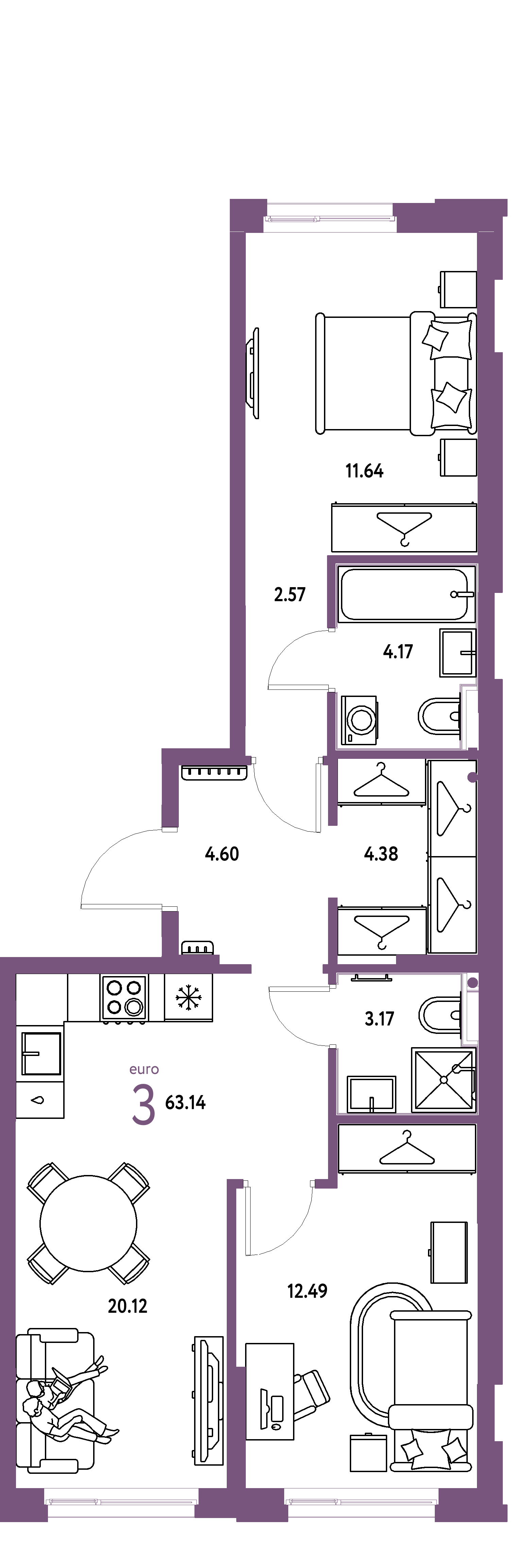 Планировка: Евротрёшка 63,14 м² в ЖК «Европейский берег 2.0»