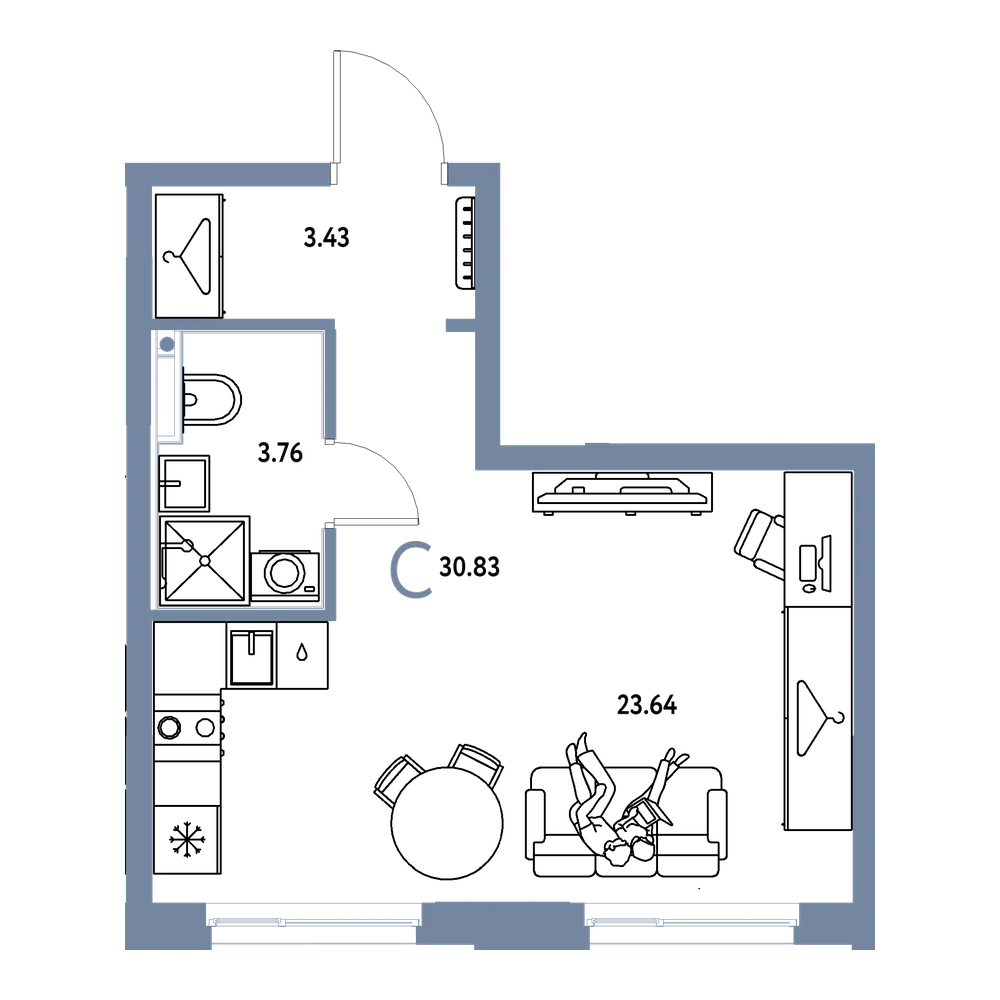Планировка: Студия 30,83 м²