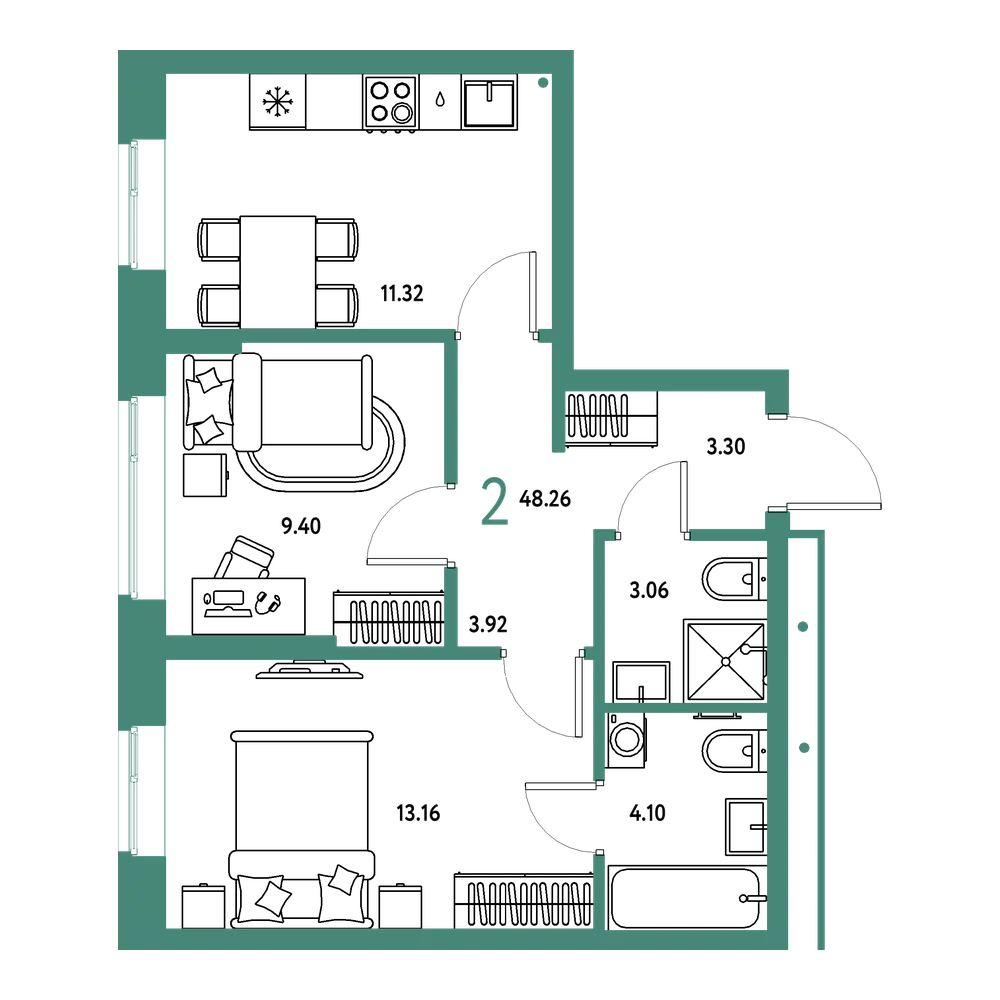 Планировка: 2-комнатная 48,26 м²