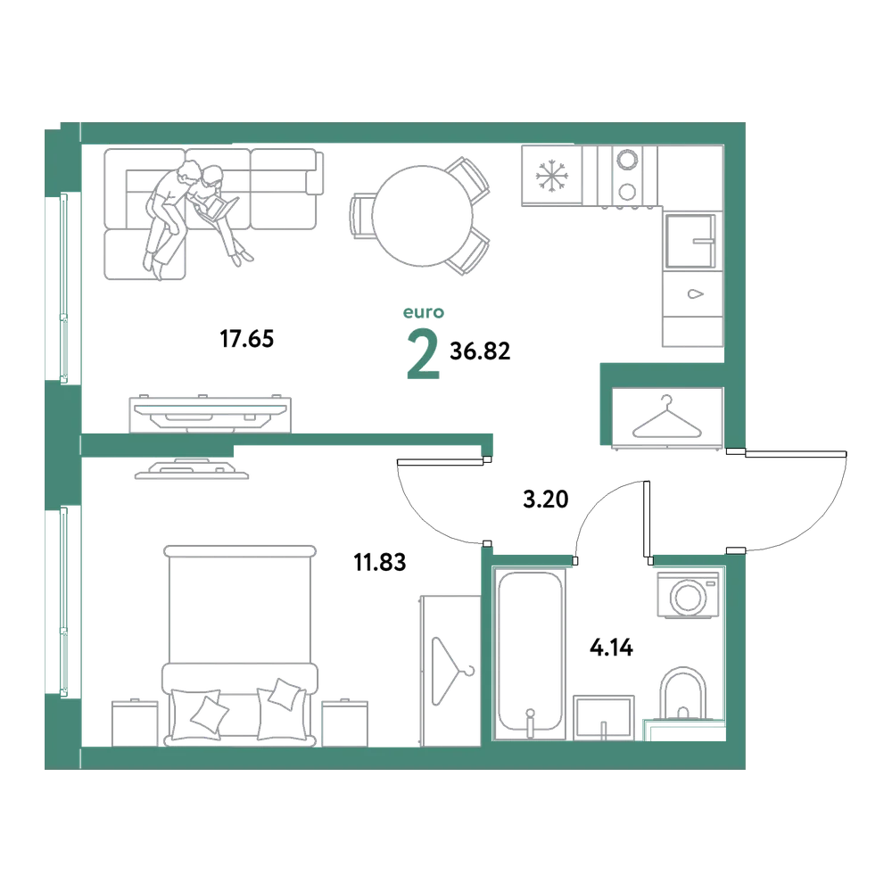 Планировка: Евродвушка 36,82 м²
