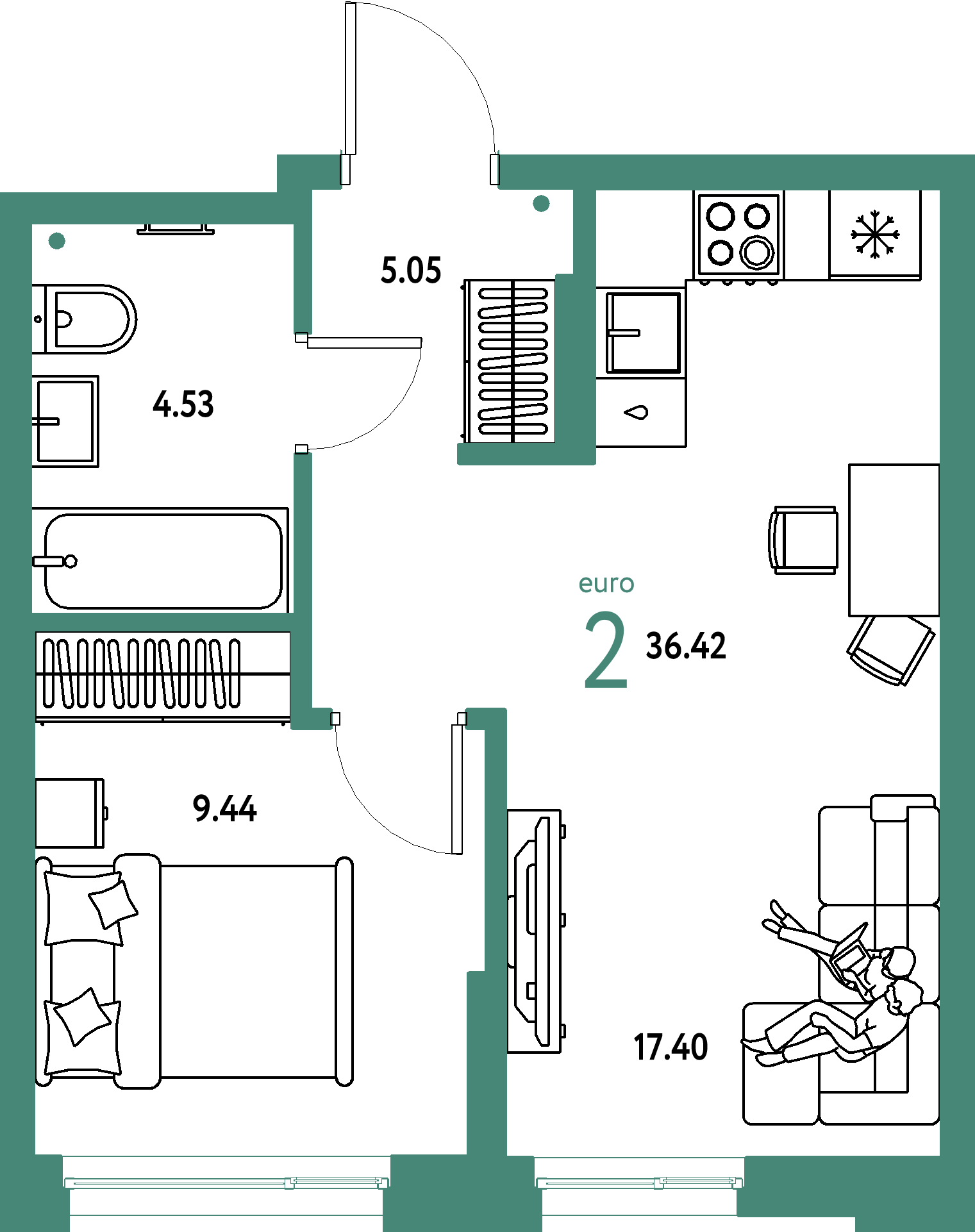 Планировка: Евродвушка 36,42 м² в ЖК «Домашний»