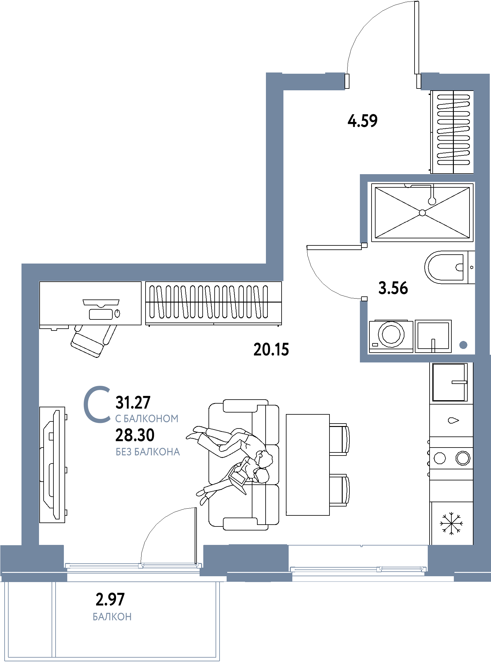 Планировка: Студия 31,27 м² в ЖК «Домашний»