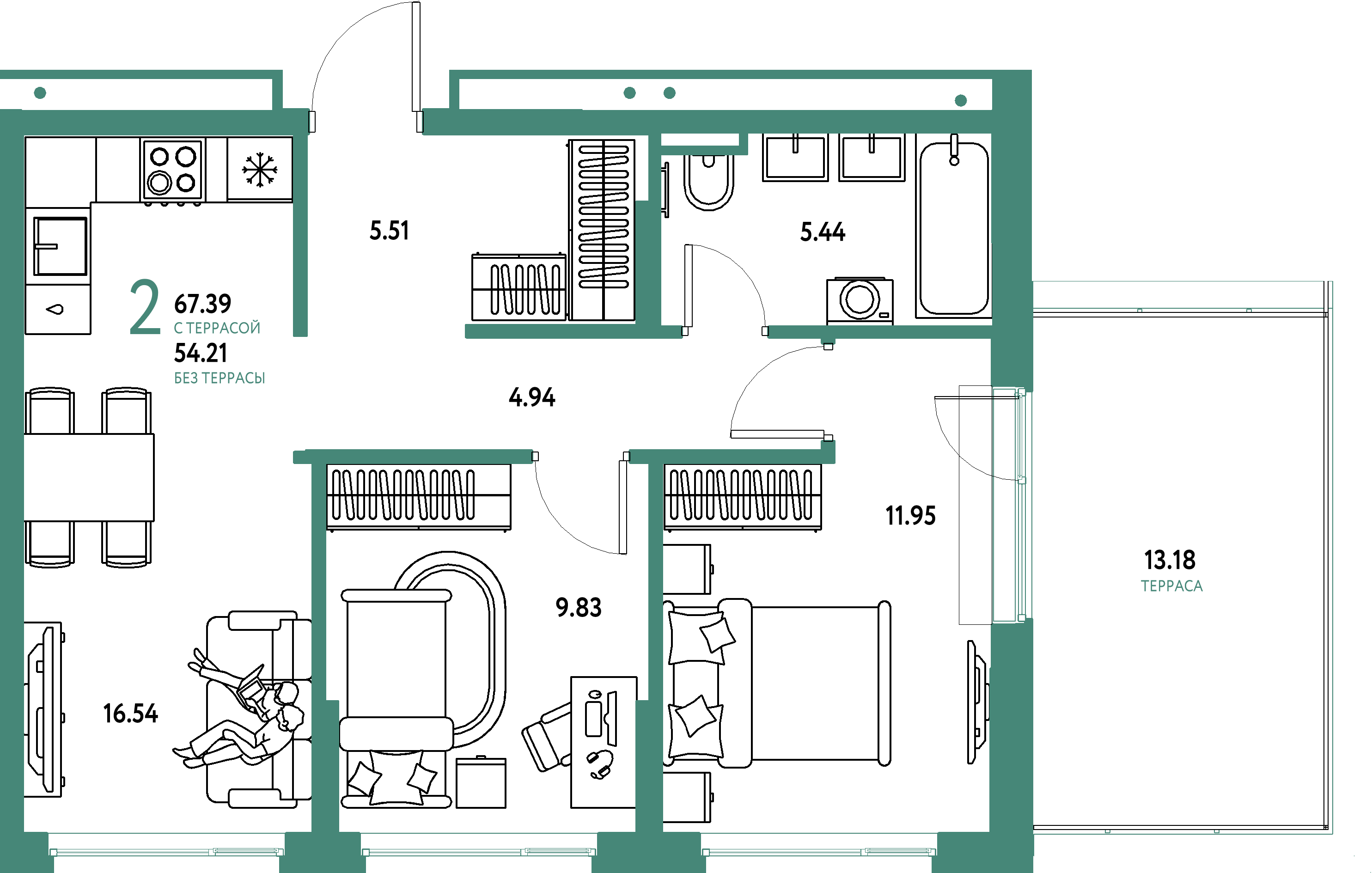 Планировка: 2-комнатная 67,39 м² в ЖК «Страна.Прибрежная»