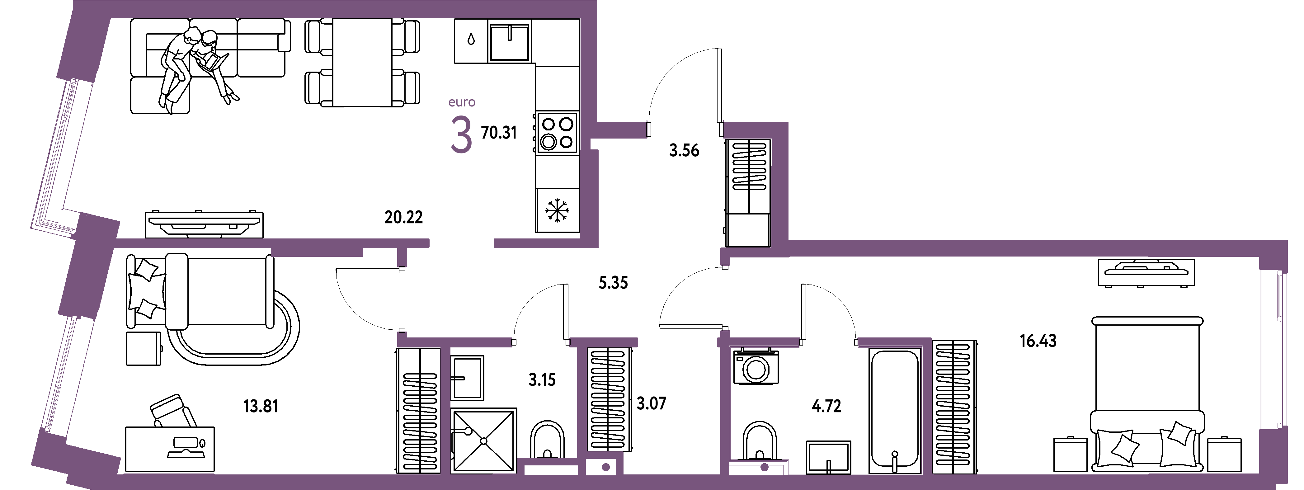 Планировка: Евротрёшка 70,31 м² в ЖК «Остров-сад»