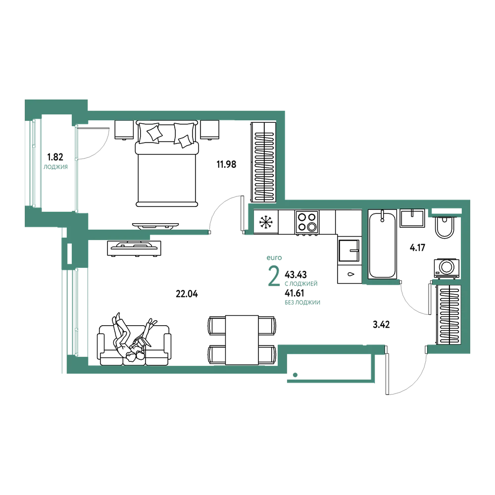 Планировка: Евродвушка 43,43 м²