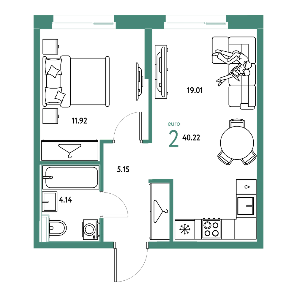 Планировка: Евродвушка 40,22 м²