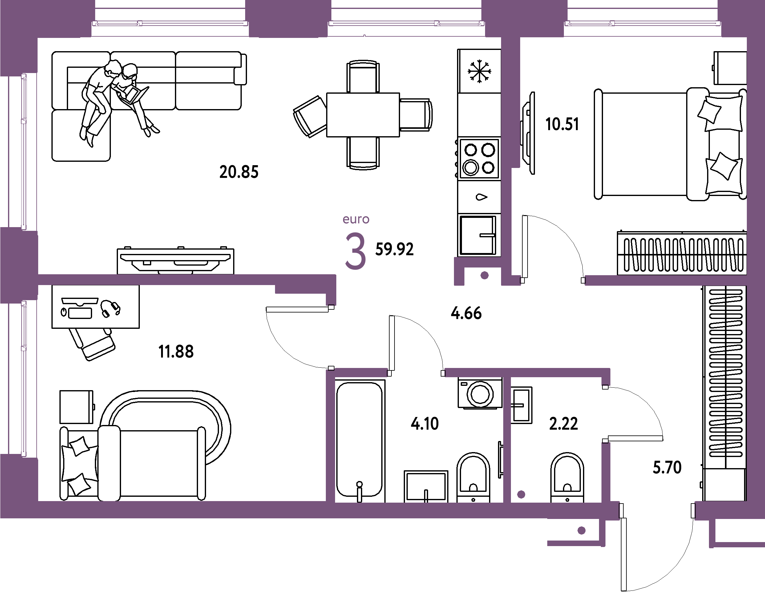 Планировка: Евротрёшка 59,92 м² в ЖК «Домашний»