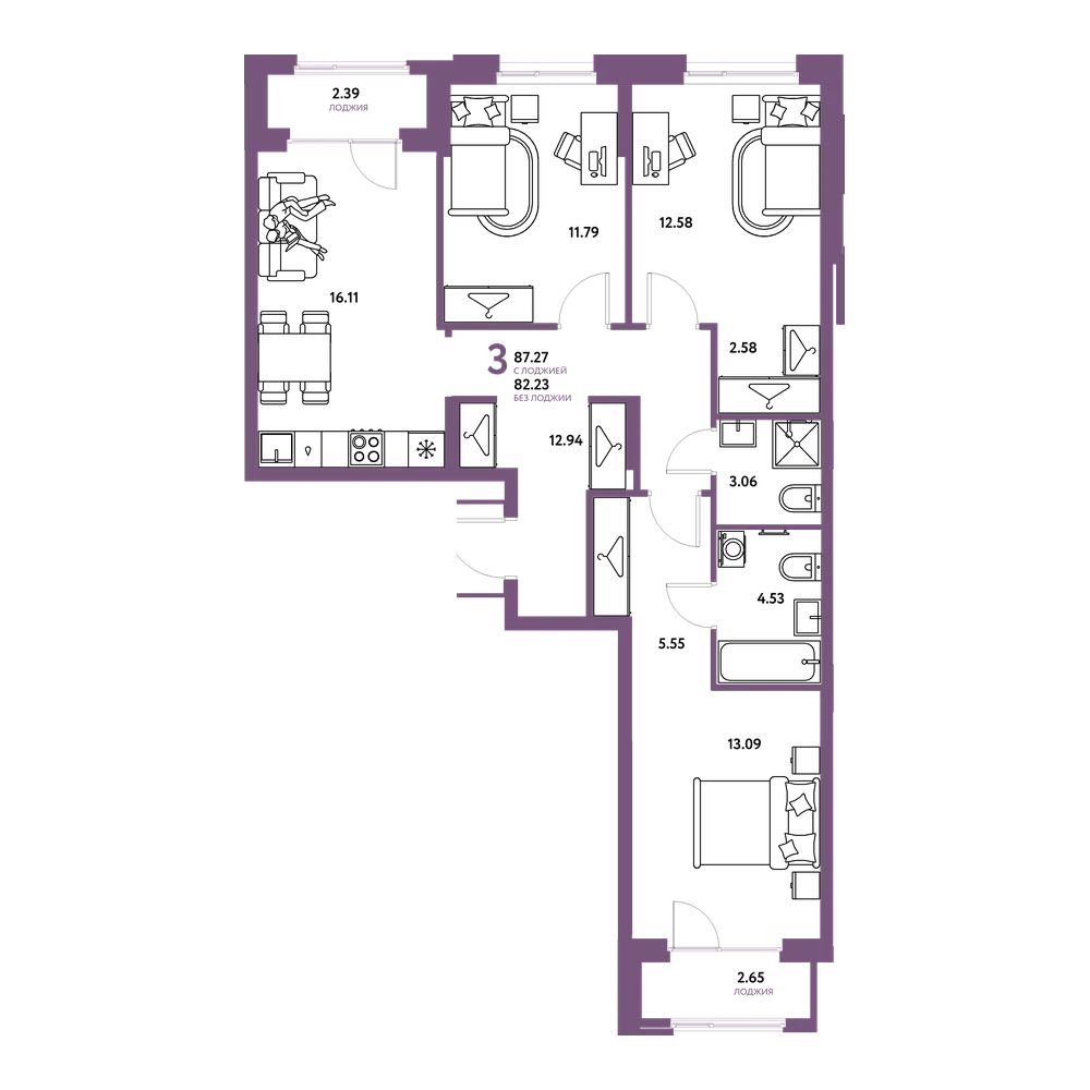 Планировка: 3-комнатная 87,27 м²