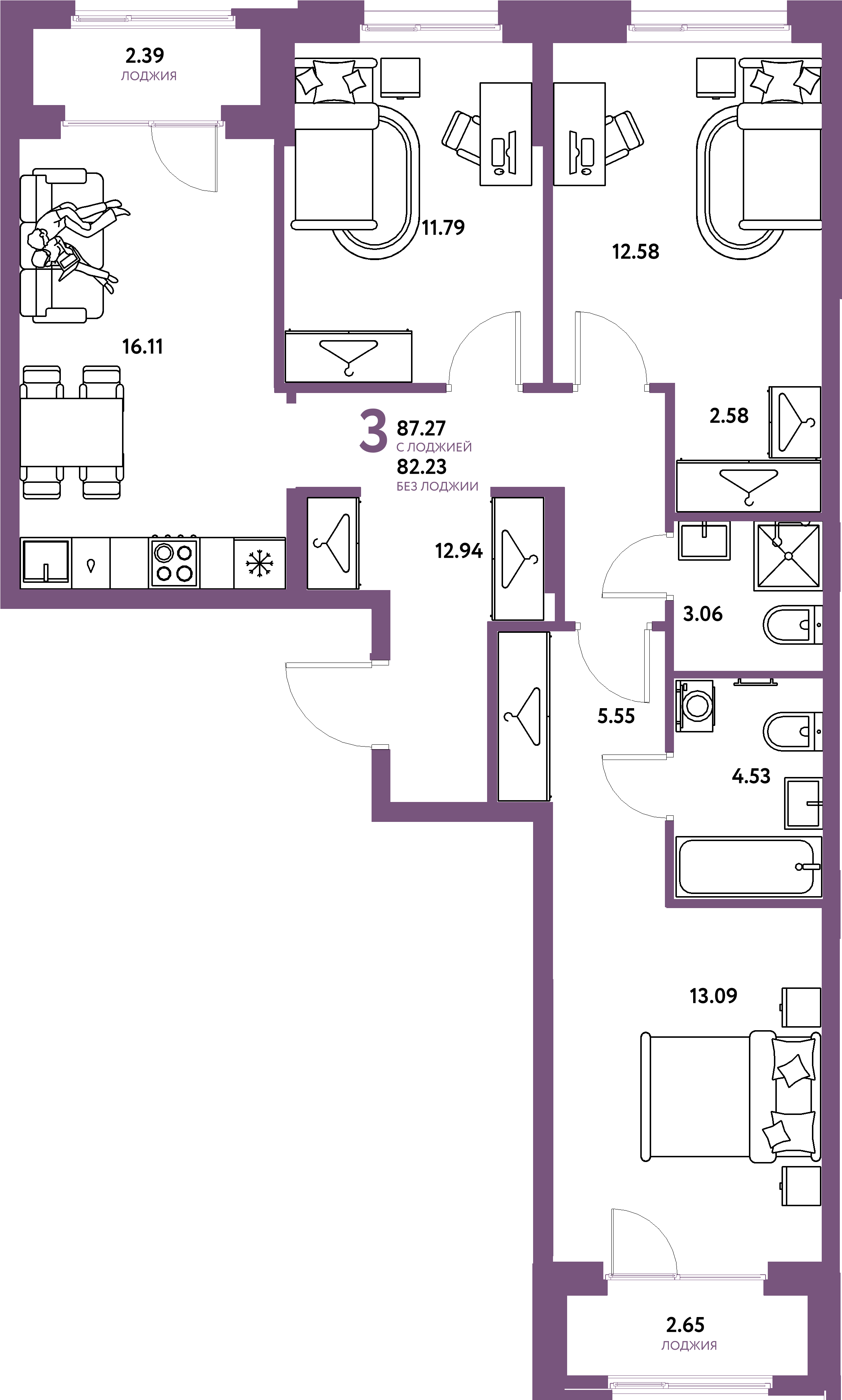 Планировка: Евро-4 87,27 м² в ЖК «Европейский берег 2.0»
