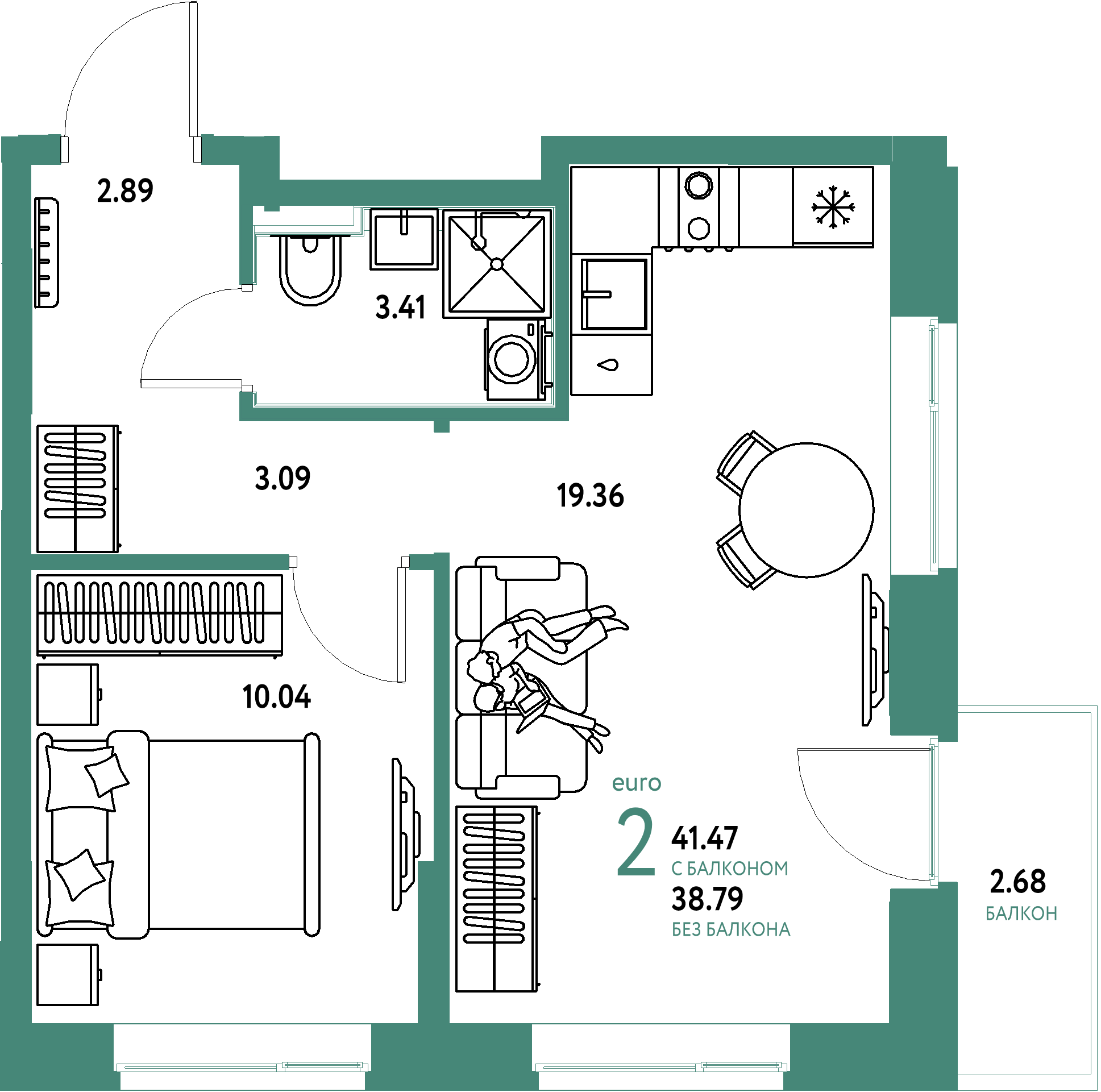Планировка: Евродвушка 41,47 м² в ЖК «Домашний»