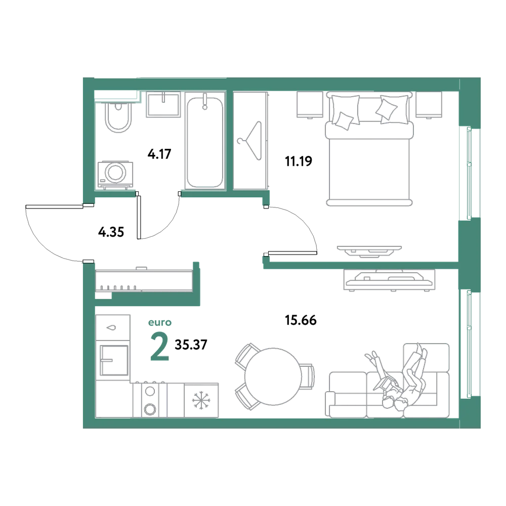 Планировка: Евродвушка 35,37 м²