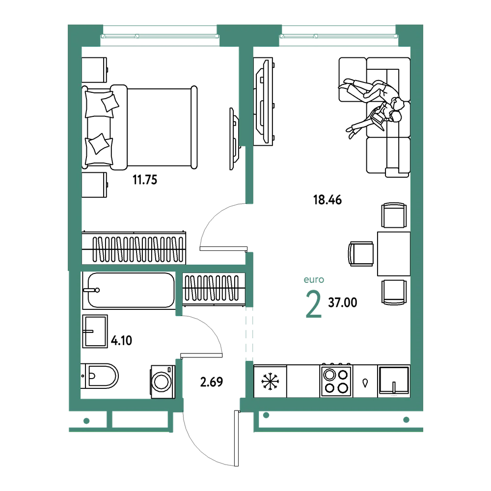 Планировка: Евродвушка 37 м²