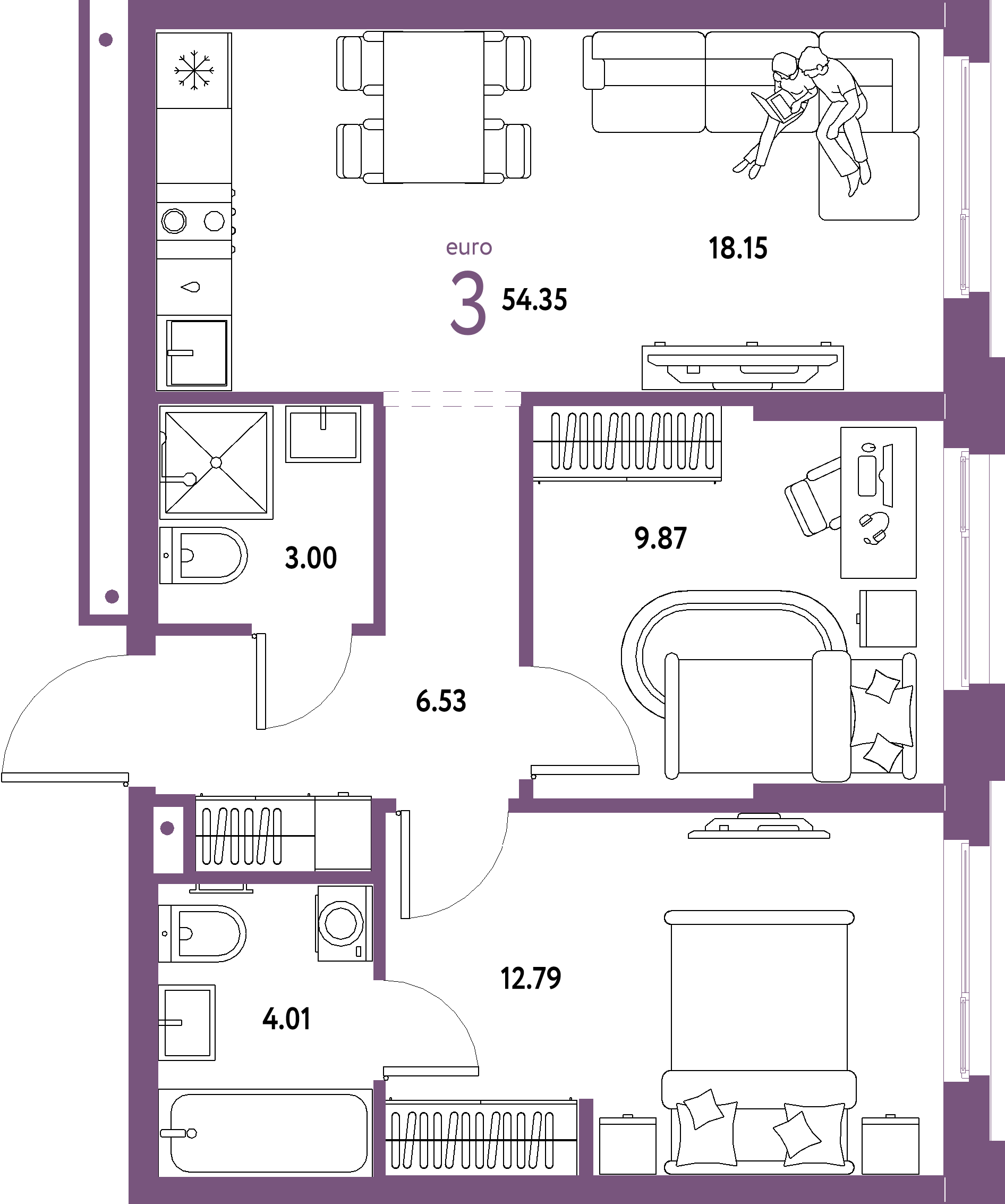 Планировка: Евротрёшка 54,35 м² в ЖК «Домашний»