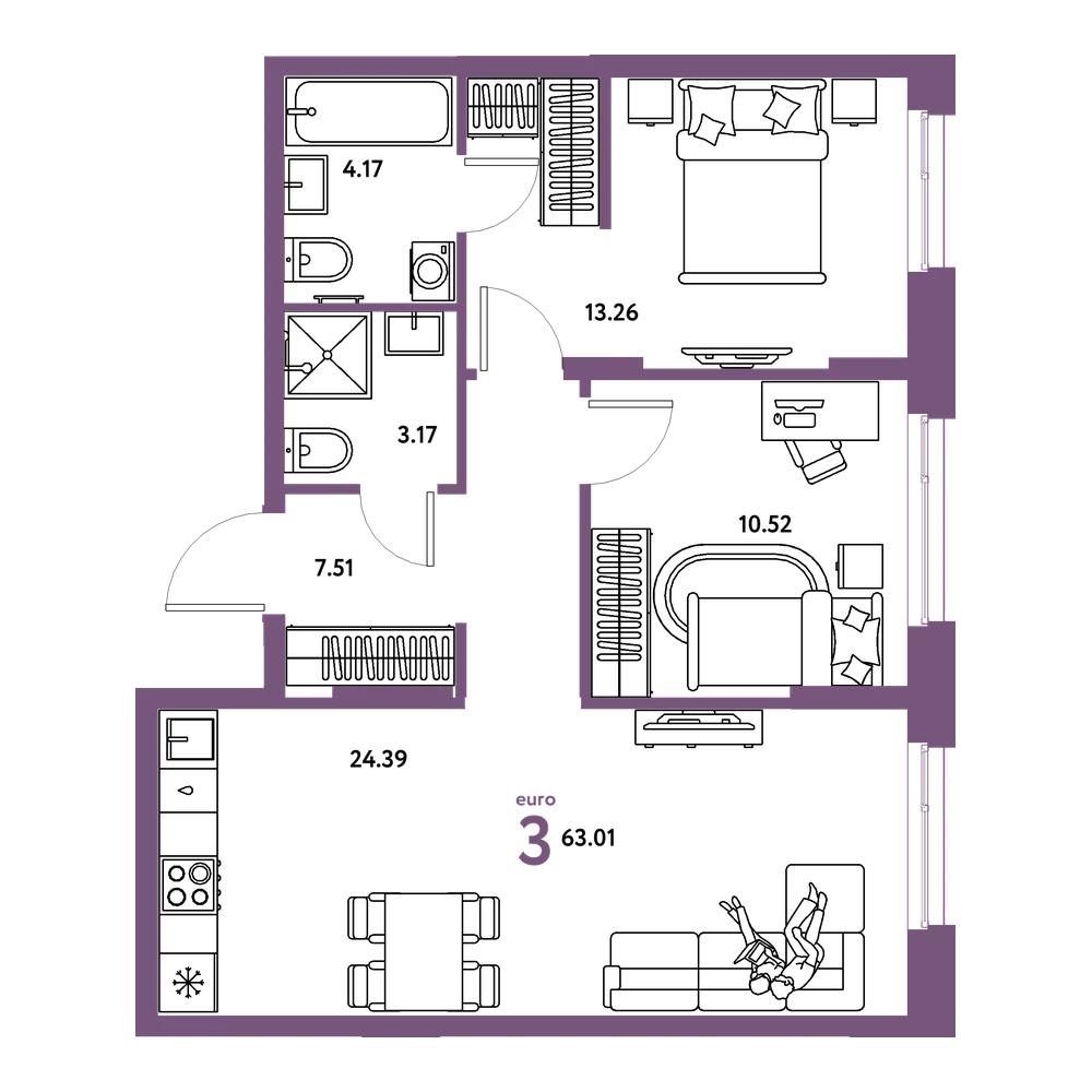 Планировка: Евротрёшка 63,01 м²