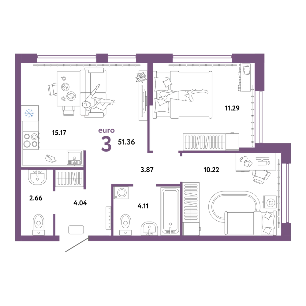 Планировка: Евротрёшка 51,38 м²